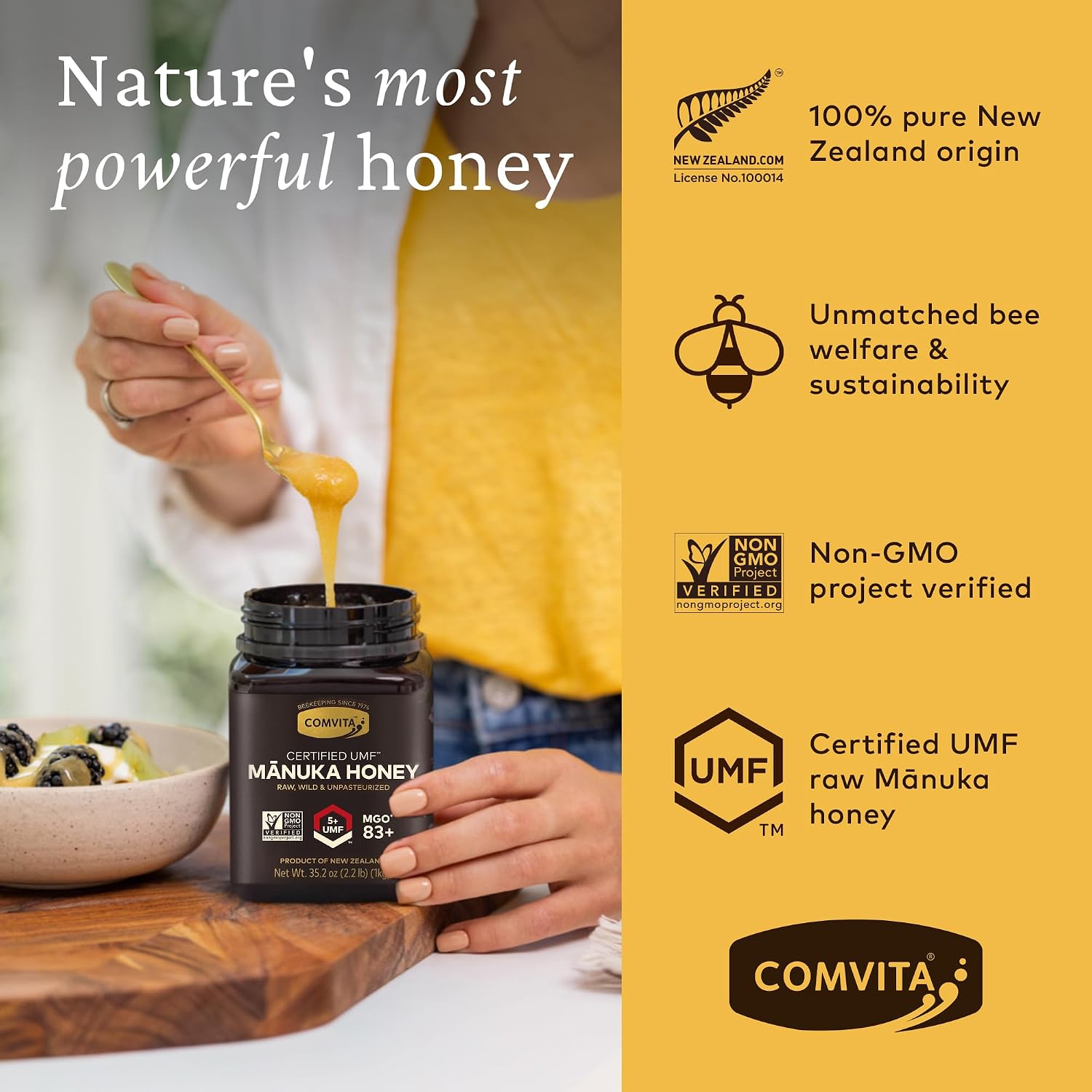 Comvita Manuka Honey UMF 5+ (MGO 83+) Pure, Unpasteurized - 1Kg (32.5 Oz) | Raw Manuka Honey New Zealand, Superfood for Immune Health, Use in Tea, Wild, Monofloral, Non-GMO