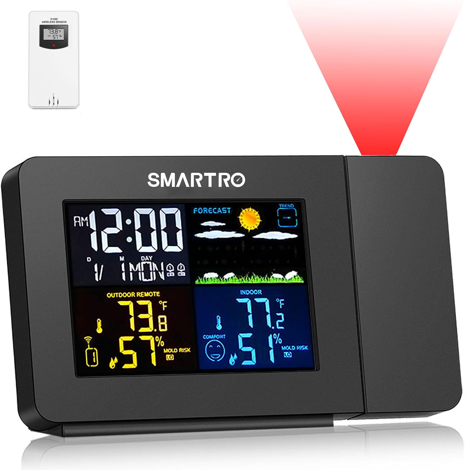 SC91 Projection Alarm Clock for Bedrooms with Weather Station | Wireless Indoor Outdoor Thermometer, Temperature Humidity Monitor Gauge Hygrometer