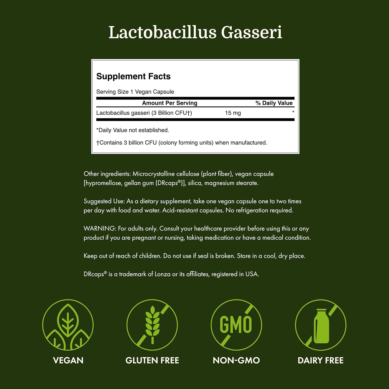 Swanson Lactobacillus Gasseri Probiotic, 3 Billion CFU, 60 Vegan Capsules | For Adults Seeking Digestive and Metabolic Support, a Lactic Acid-Producing Bacterium, Acid-Resistant with No Refrigeration