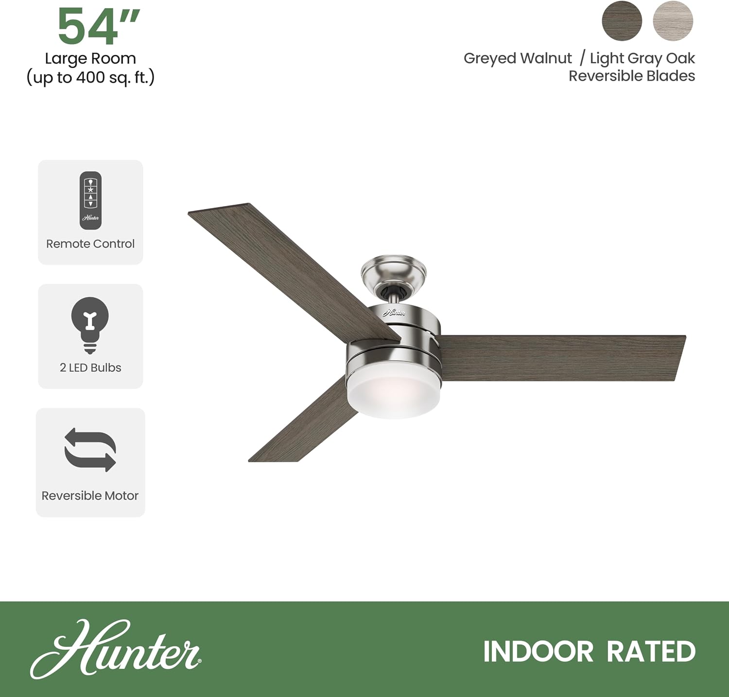 Hunter 54in Contemporary Ceiling Fan with Remote Control in Brushed Nickel (Renewed)