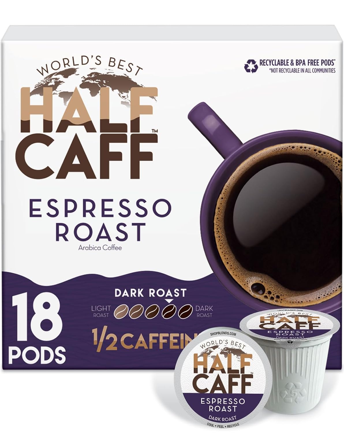 World's Best Half Caff Dark Roast Coffee Pods 100ct Keurig Compatible | 100% Arabica Coffee Single Serve Capsules & Pods Compatible with Keurig K-Cup Coffee Makers