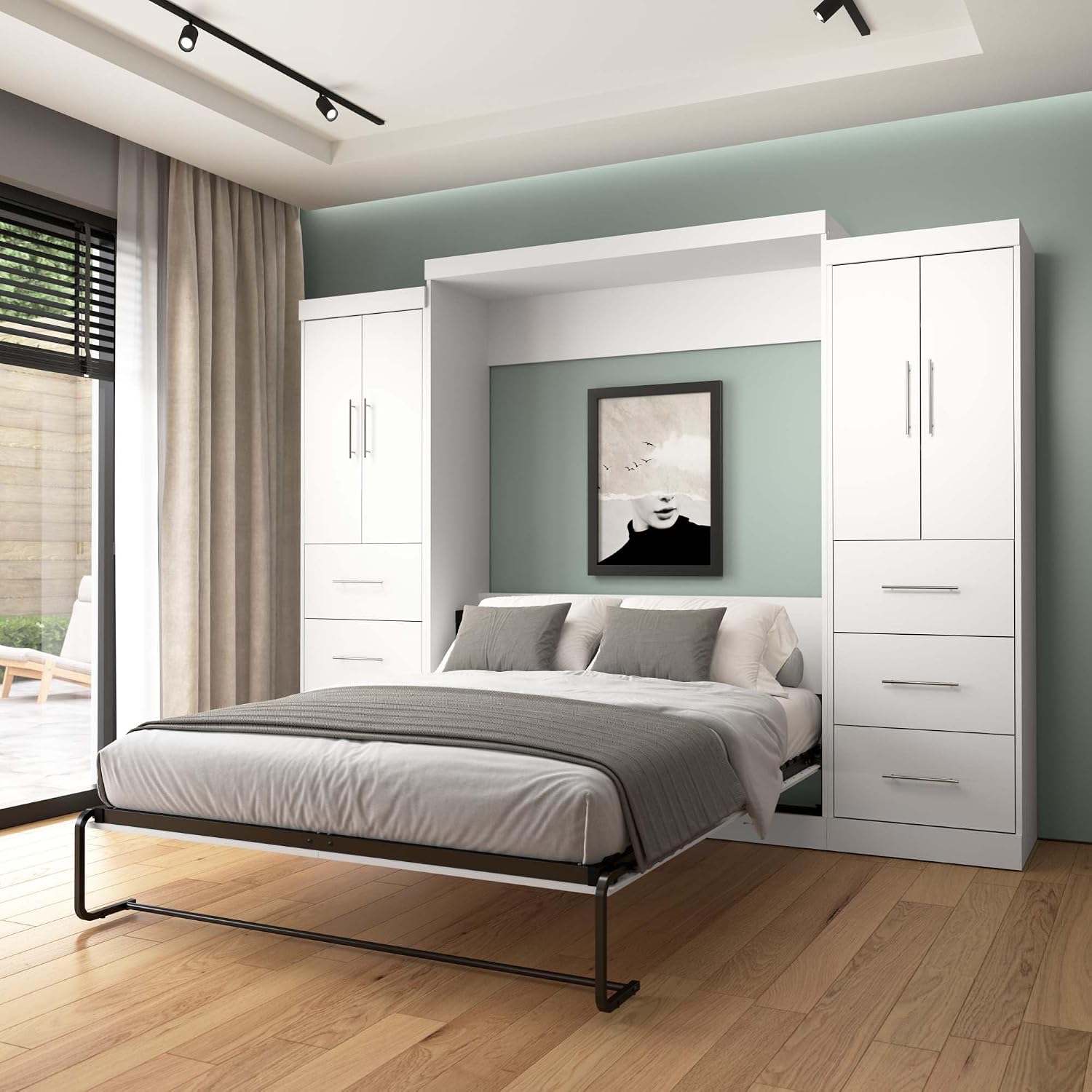 Bestar Nebula Queen Murphy Bed with 2 Wardrobes (115W) in White, Sleeping Arrangement and Closet Organizers for Multipurpose Room | 2 Wardrobes; supports up to 1000 lb; min. ceiling height 91.1 in.; dual piston mechanism; 10-year warranty