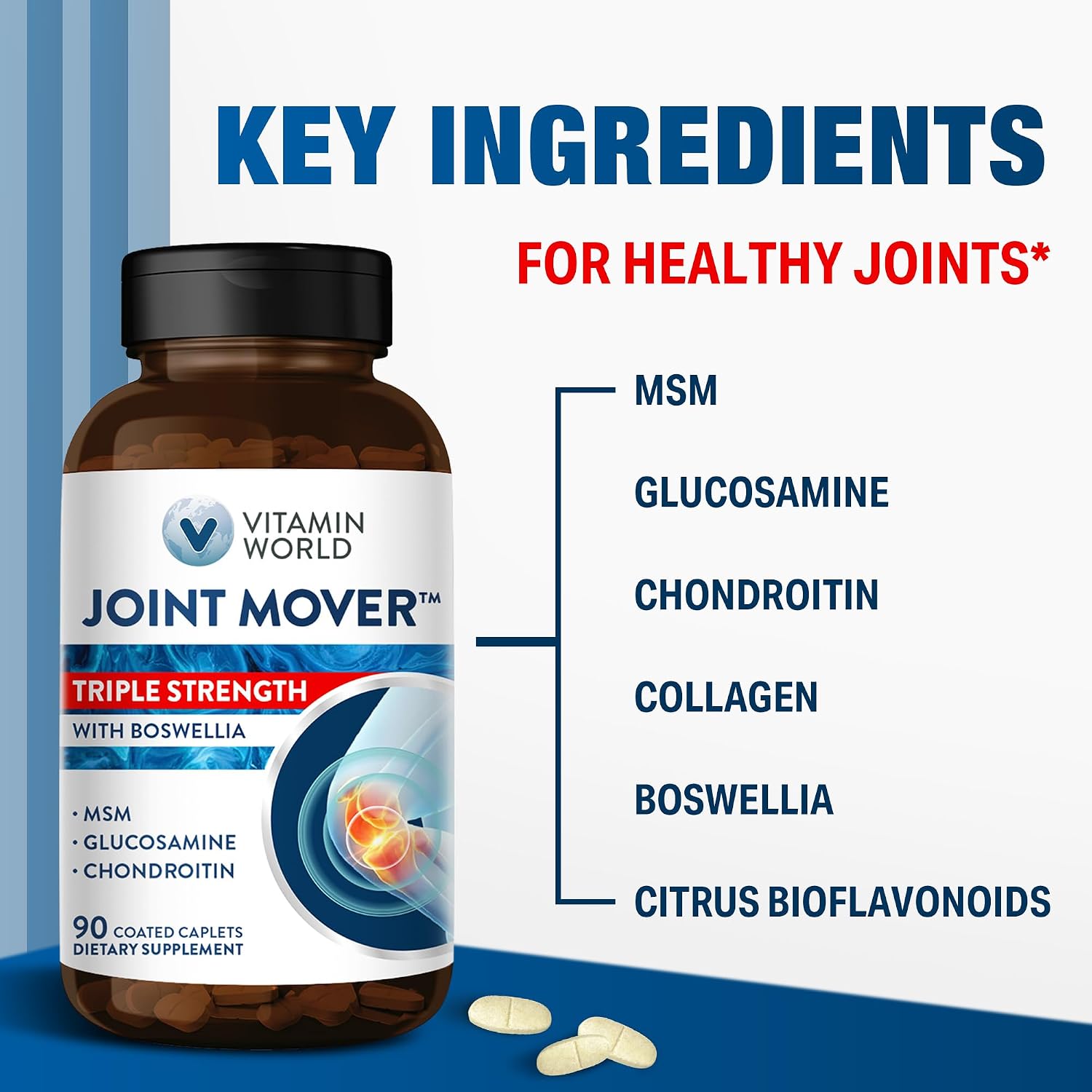 Vitamin World Triple Strength Joint Mover, Glucosamine Chondroitin with MSM | Joint Support Supplement, Collagen & Boswellia Serrata Extract, Support Joint Strength, Comfort & Flexibility, 270 Caplets