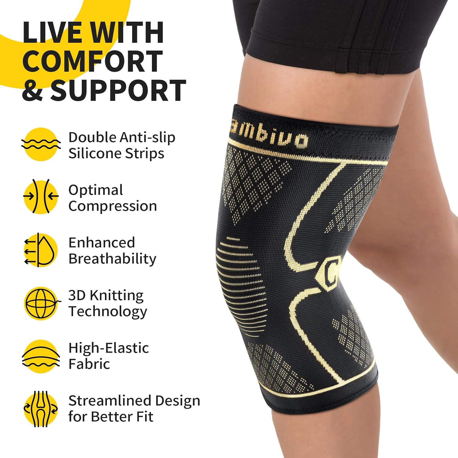 CAMBIVO 2 Pack Knee Braces for Women & Men, Knee Compression Sleeves for Knee Pain Relief, Knee Support with Non-Slip Silicone, Breathable, for Running, Workout, Weightlifting & Daily Use, Arthritis Support (Black, Medium)