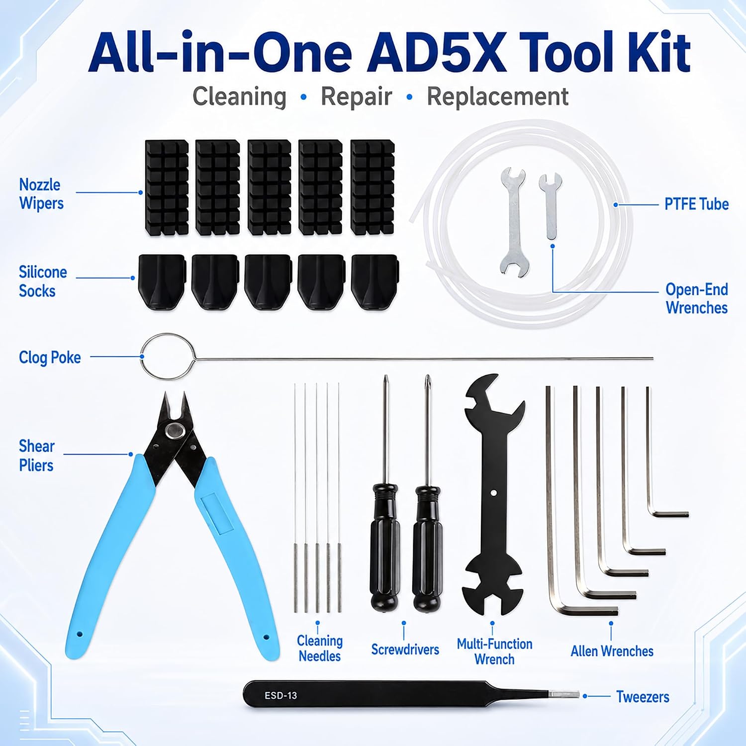 3D Printer Tool Kit for Flashforge AD5X, Nozzle Cleaning Accessories | Includes silicone socks, nozzle brushes, PTFE tube, clog poke, Allen keys