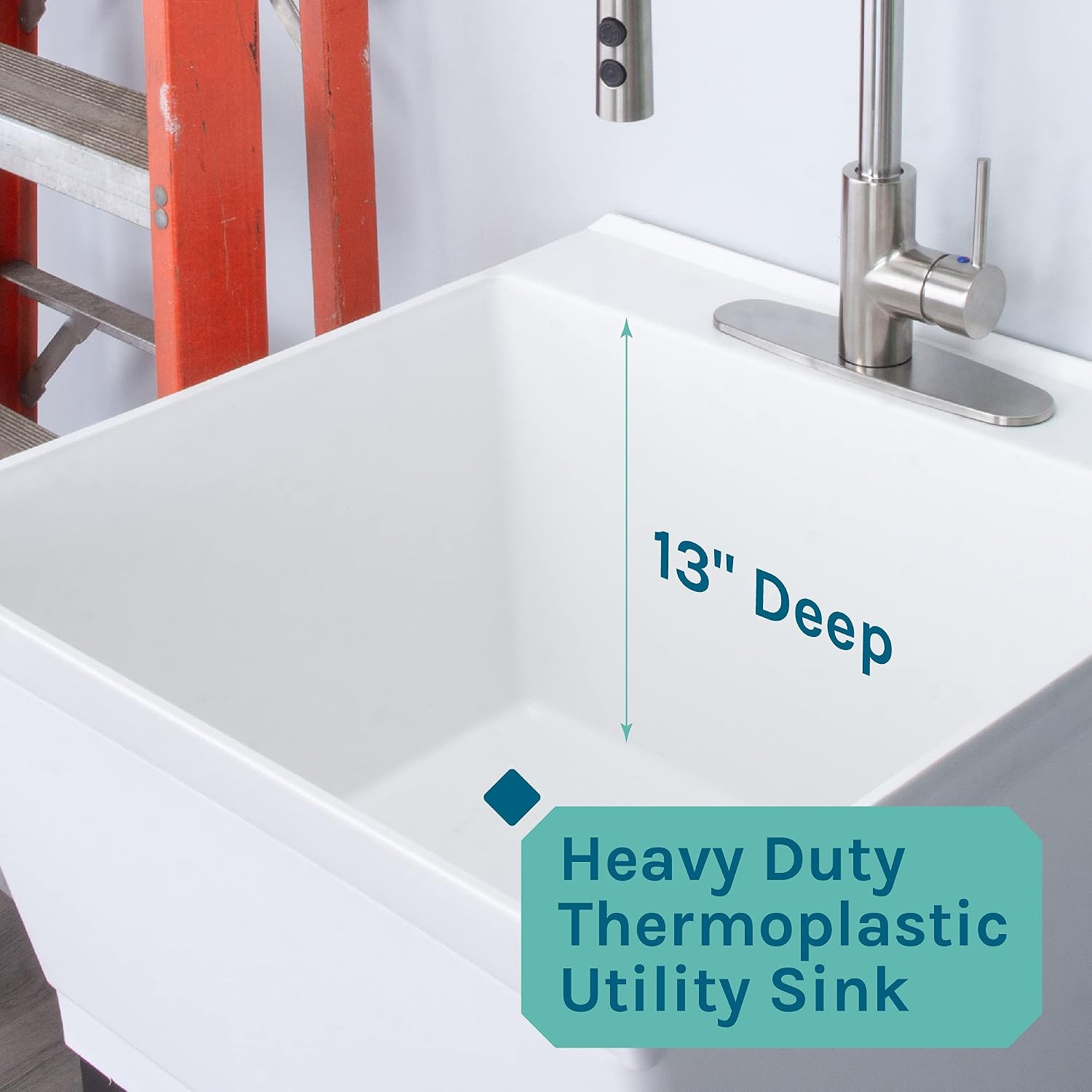 Utility Sink Extra-Deep Laundry Tub in White with High-Arc Stainless Steel Coil Pull-Down Sprayer Faucet, Integrated Supply Lines, P-Trap Kit