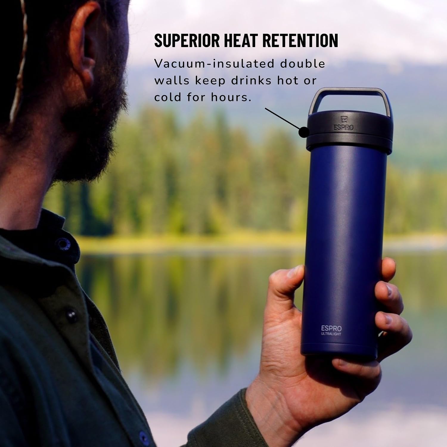 ESPRO Go P0 Ultralight French Press Coffee Maker for Travel, Vacuum Insulated Stainless Steel, 16 Ounces, Matte Meteorite Black