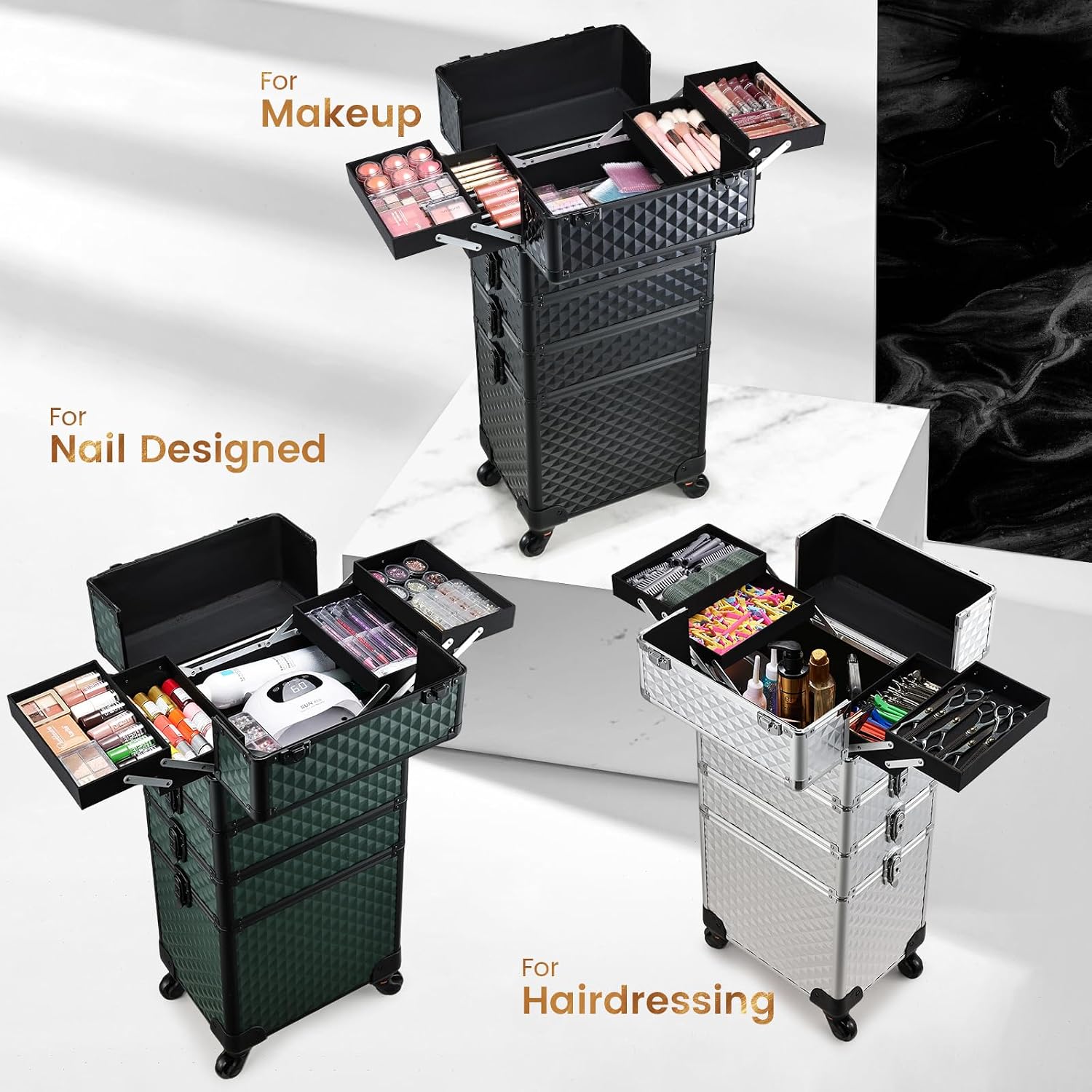Stagiant Rolling Makeup Case Cosmetology Case on Wheels 4 in 1 Large Cosmetic Organizer Train Case Makeup Travel Case with Key Swivel Wheels Nail
