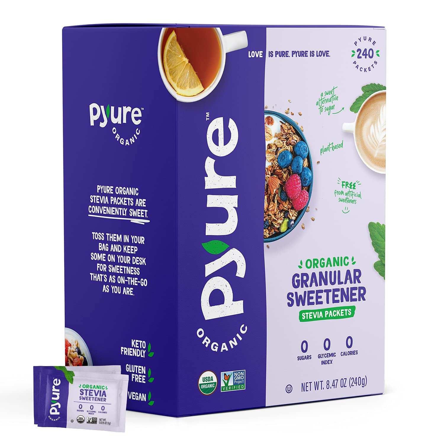 Pyure Organic Stevia Packets | Zero Calorie Sweetener For Coffee, 40 Count | Zero calorie organic stevia packets for coffee, tea, baking, keto, paleo, diabetic diets, lunchboxes, travel, and office