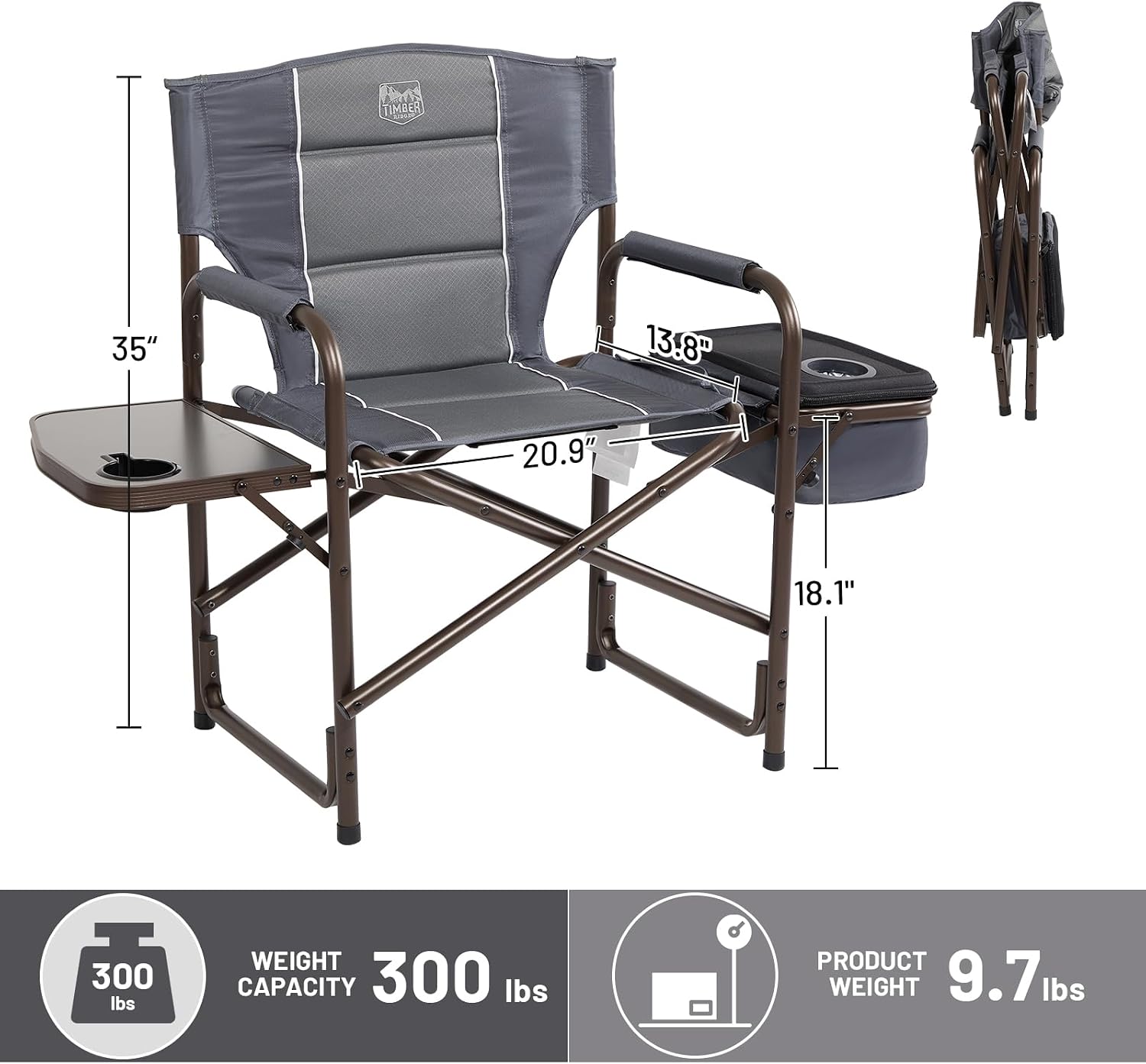 TIMBER RIDGE Lightweight Camping Chair, Portable Laurel Director's Chair with Foldable Side Table, Cooler Bag & Mesh Pocket, Compact Outdoor Folding Lawn Chair, Supports 300lbs, Grey