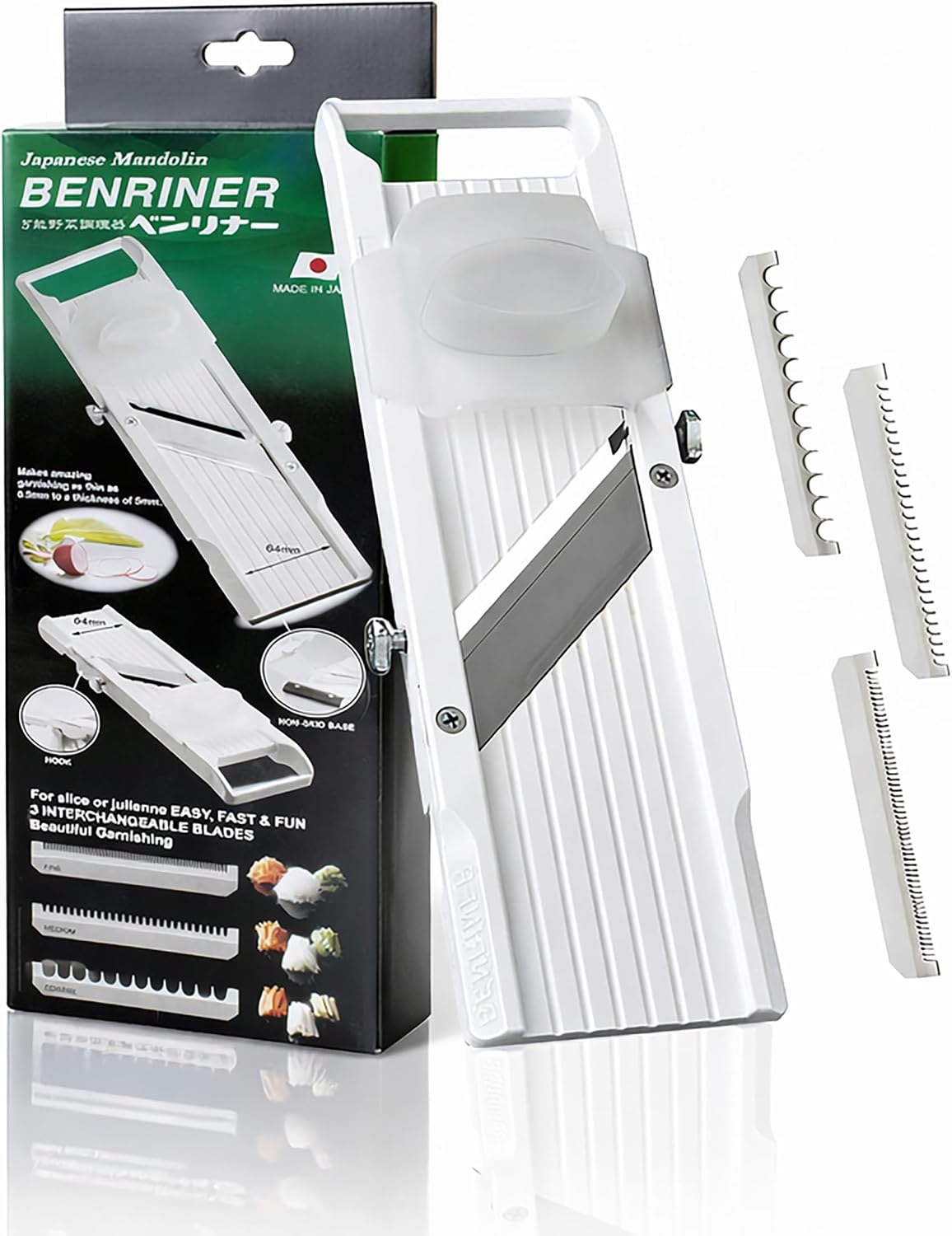 Benriner Mandoline Slicer with 4 Blades, Japanese Stainless Steel, BPA Free, 12.75 x 3.625-Inches, Beige