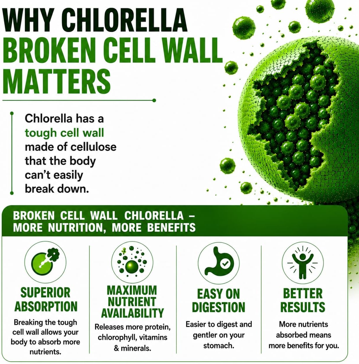 Chlorella Capsules 3000 mg - Cracked Cell Wall Blue Green Algae Supplement - Best Natural Detox Cleanse - Plant Vitamins Minerals Chlorophyll Vegan