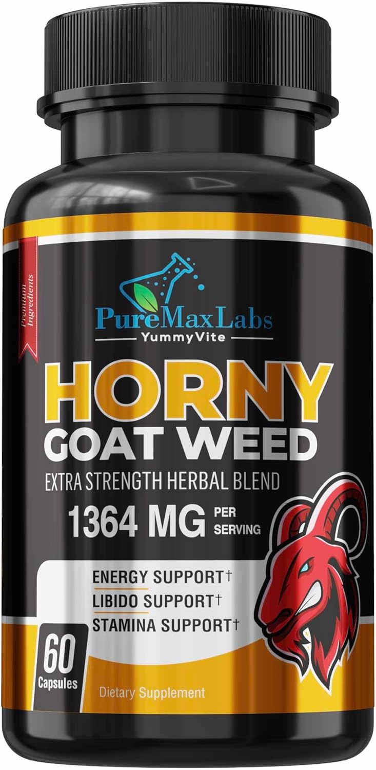 YUMMYVITE Horny Goat Weed Extra Strength Blend, w. Maca, Arginine, Ginseng, Tribulus, Tongkat, Libido, Stamina, Energy Support, Non-GMO Formula