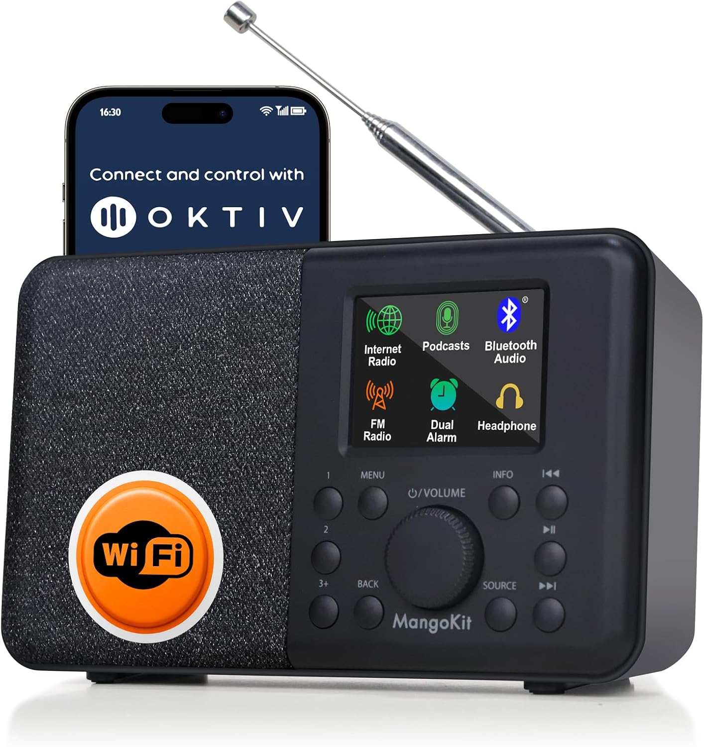 SR10 WiFi Radio, Bluetooth, FM & Internet, Walnut | 60 presets, dual alarms, colour display, OKTIV App control, podcast player, mains or AA battery, headphone jack, compact
