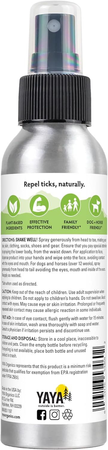 Yaya Organics All Natural Extra Strength Tick Repellent DEET Free - 4 Ounce Spray Bottle
