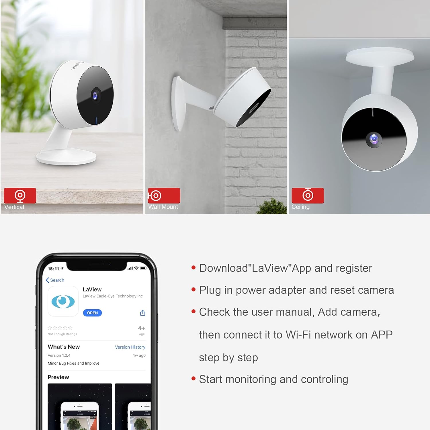 LaView Security Cameras 4pcs, Home Security Camera Indoor 1080P, Wi-Fi Cameras Wired for Pet, Motion Detection, Two-Way Audio, Night Vision, Phone App