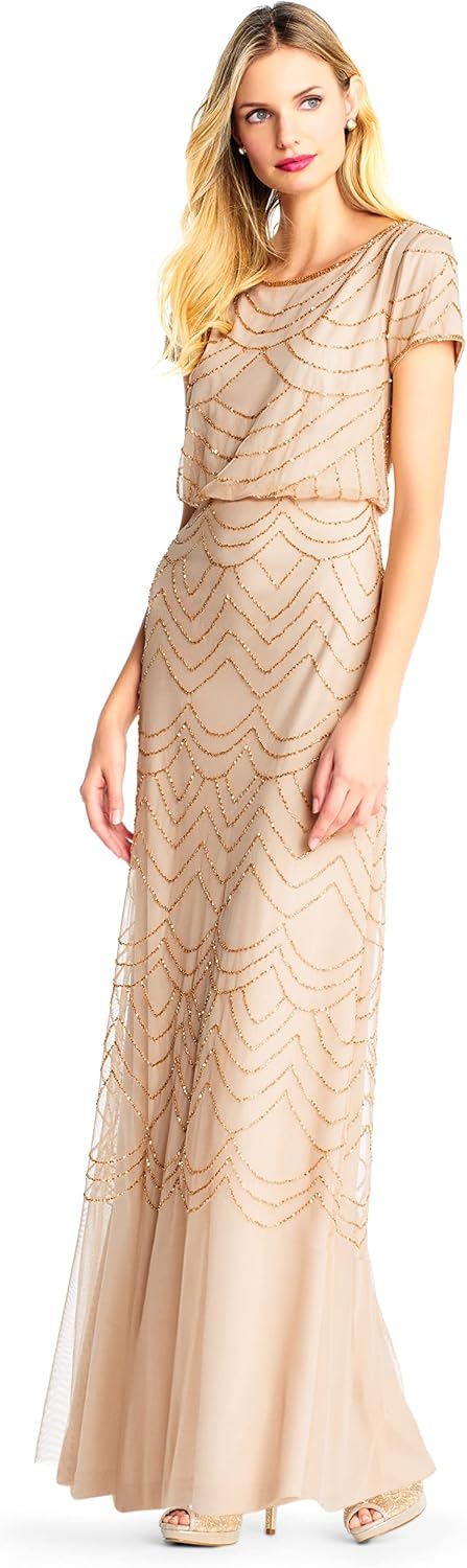Adrianna Papell Womens Short Sleeve Blouson Beaded Gown