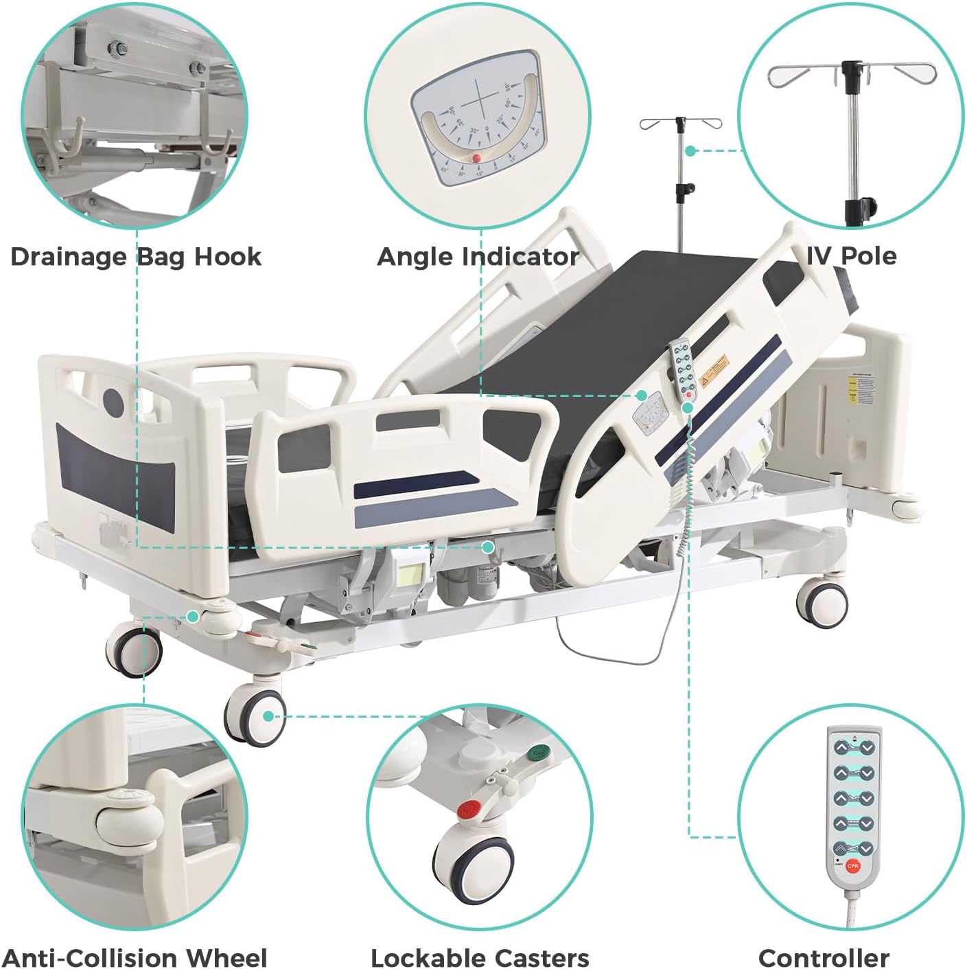 Premium 3 Function Full Electric Hospital Bed,Adjustable Medical Bed | 550LBS,4.7" Waterproof Mattress,Adjustable Height,One-Click CPR,Iv Pole,Germany Moter for Home Use Hospital Nursing Clinic