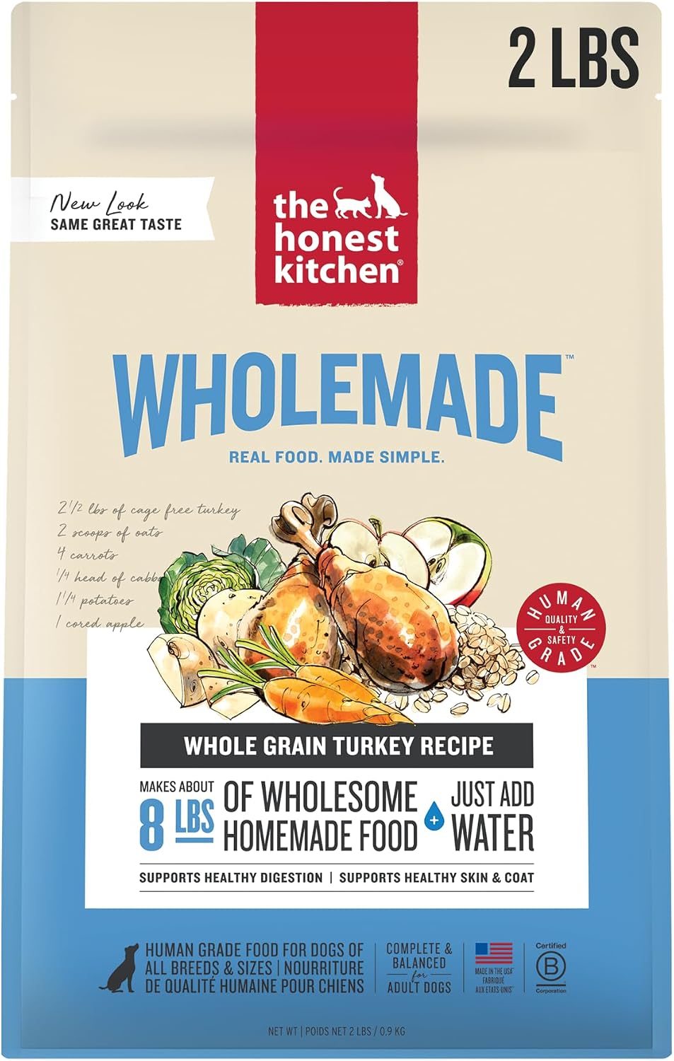 The Honest Kitchen Human Grade Wholemade™ Dehydrated Whole Grain Dog Food – Complete Meal or Dog Food Topper – Turkey 4 lb (Makes 16 lbs)