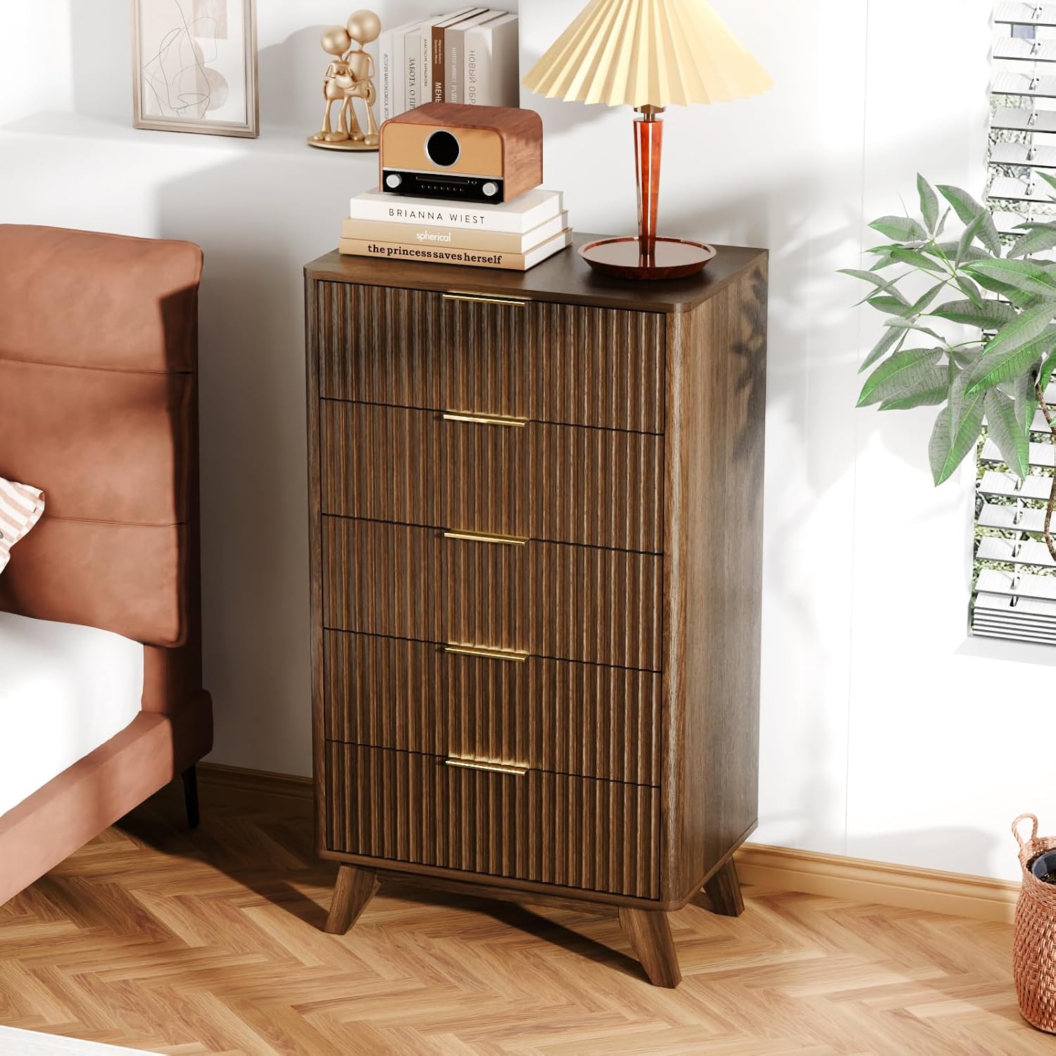 VINGLI Fluted Tall Dresser 5 Drawer, 23.66" W Chest of Drawers Gray Wood Dresser with Rounded Edges, Grey Dressers for Bedroom