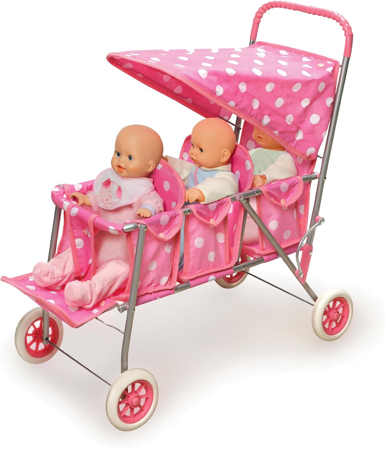 Badger Basket Triple Doll Stroller with Canopy, Foldable Toy Pram - Pink | Triple-seat stroller fits 14.5–18" dolls, foldable, canopy, seat belts