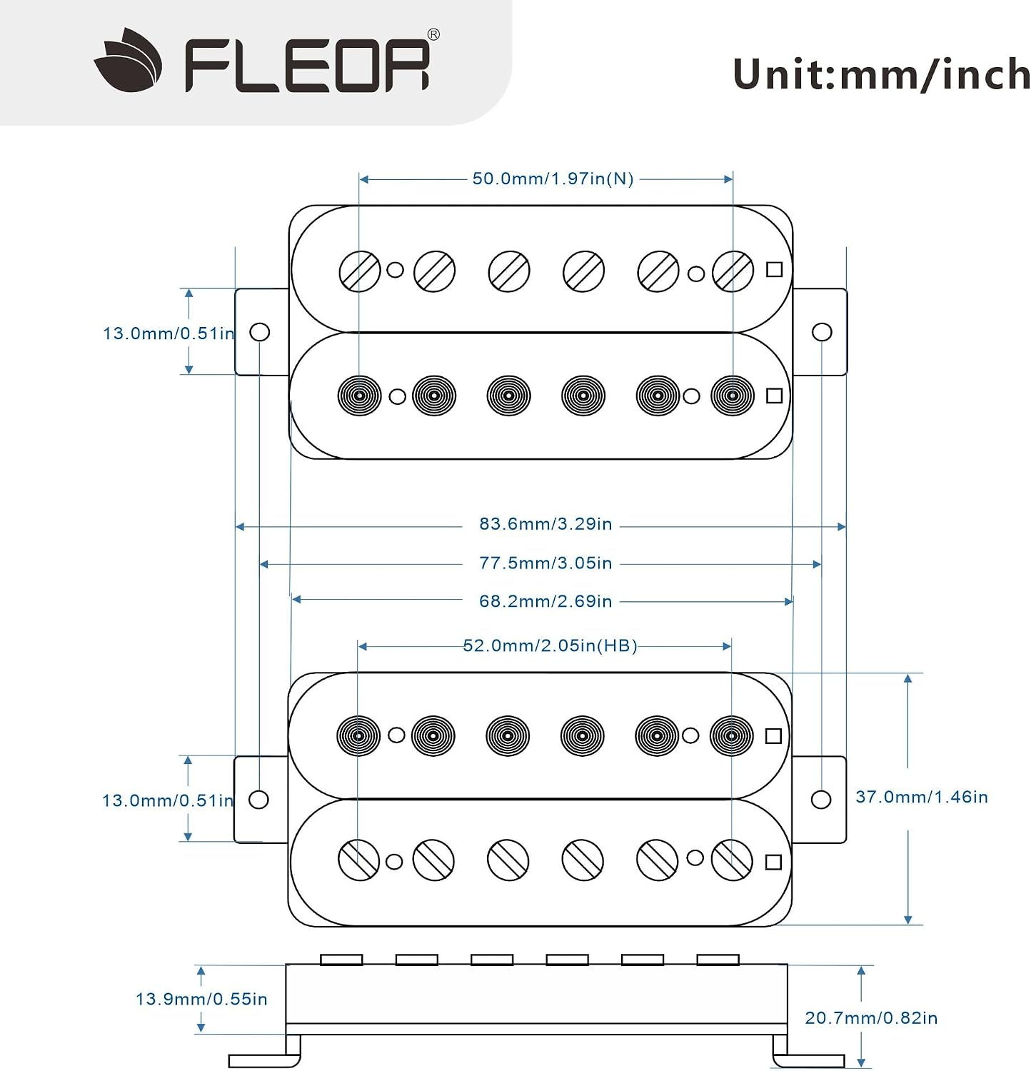 FLEOR Alnico 5 Guitar Pickup Double Coil Humbucker Pickups Neck and Bridge Set Black