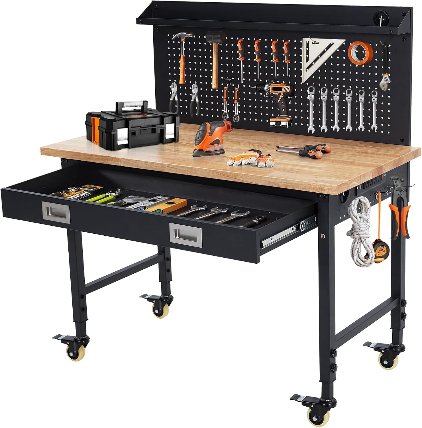48’’x24’’ Adjustable Workbench,Workbench with Drawers,Darage Workbench with Pegboard,2000 LB Load Capacity,4 Rolling Casters, Power Outlets, Metal Frame,for Garage, Workshop, Home, Office