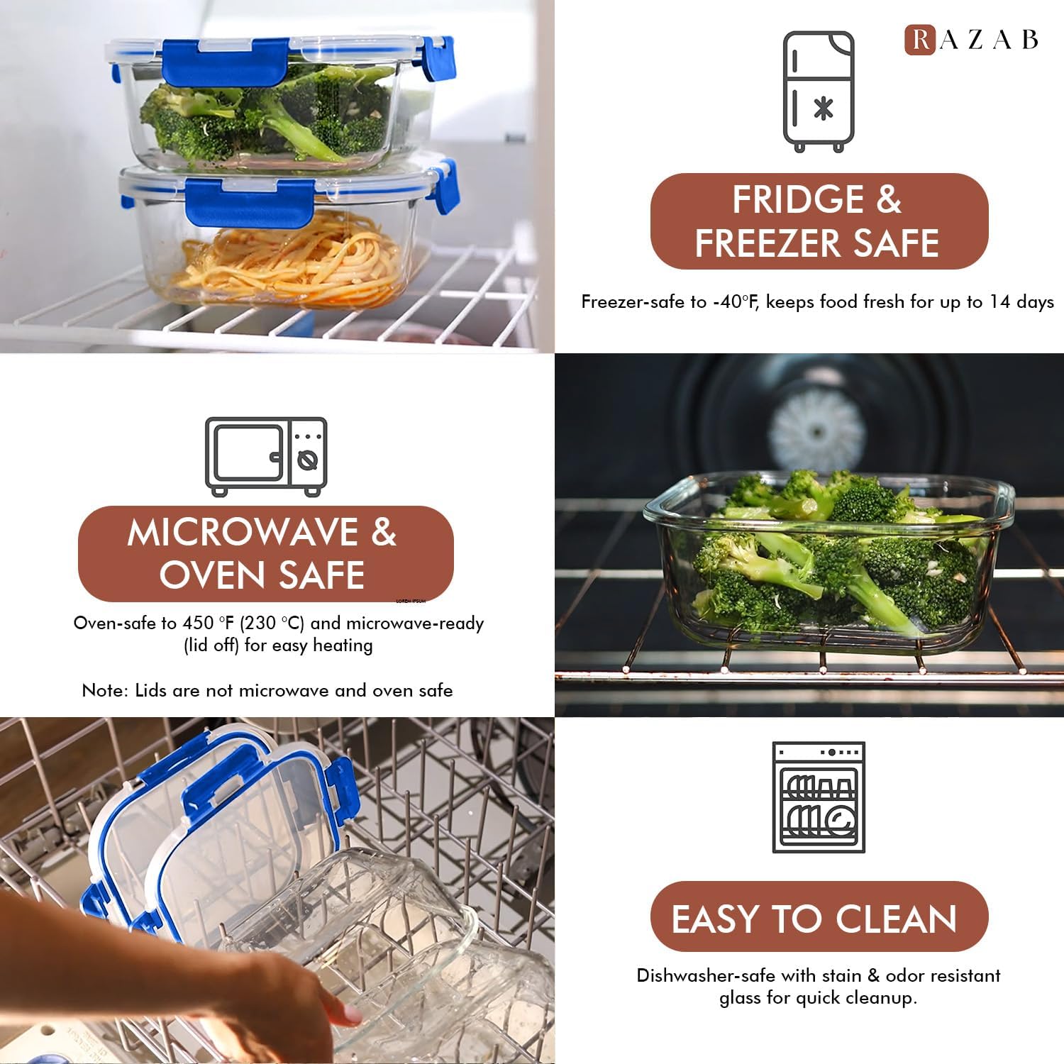 Razab 2 PC 1200ML / 41 Oz Glass Food Storage Containers with Lids - Airtight & Leakproof - Microwave/Oven/Freezer Safe - BPA Free - Ideal for Meal