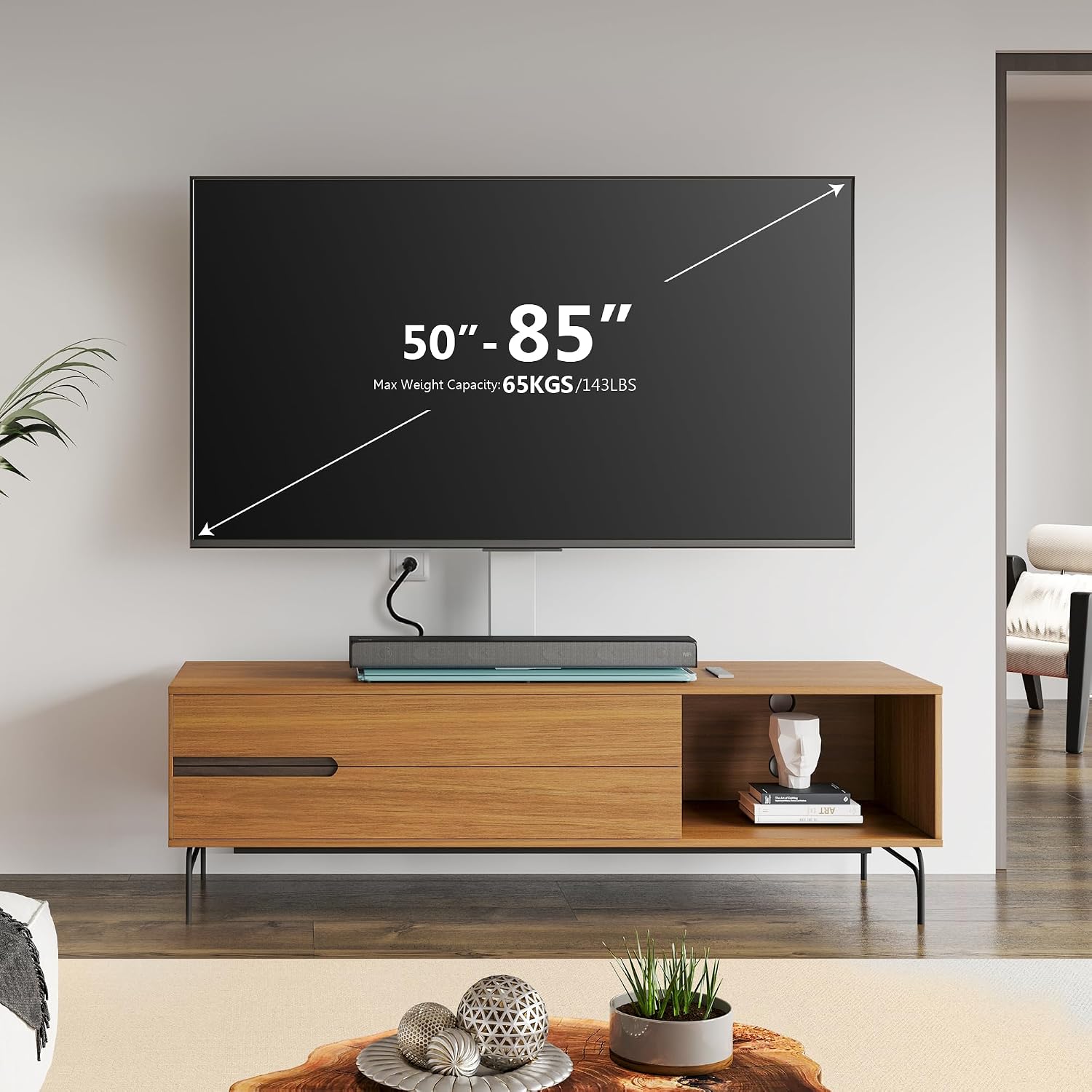 FITUEYES Universal TV Stand with Swivel Mount for 50-85 inch Flat Screens - Height Adjustable Tempered Glass Base Holds up to 143 lbs
