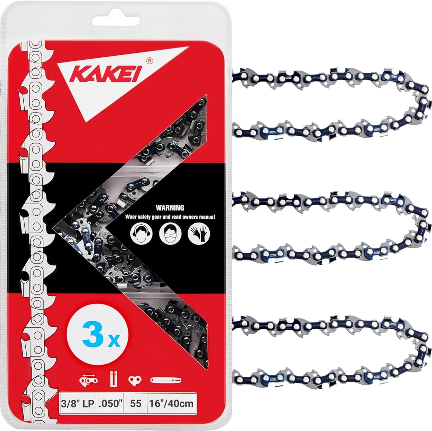 KAKEI 18 Inch Chainsaw Chain 3/8" LP Pitch .050" Gauge 62 Drive Links Fits Poulan, Kobalt, Echo, Ego