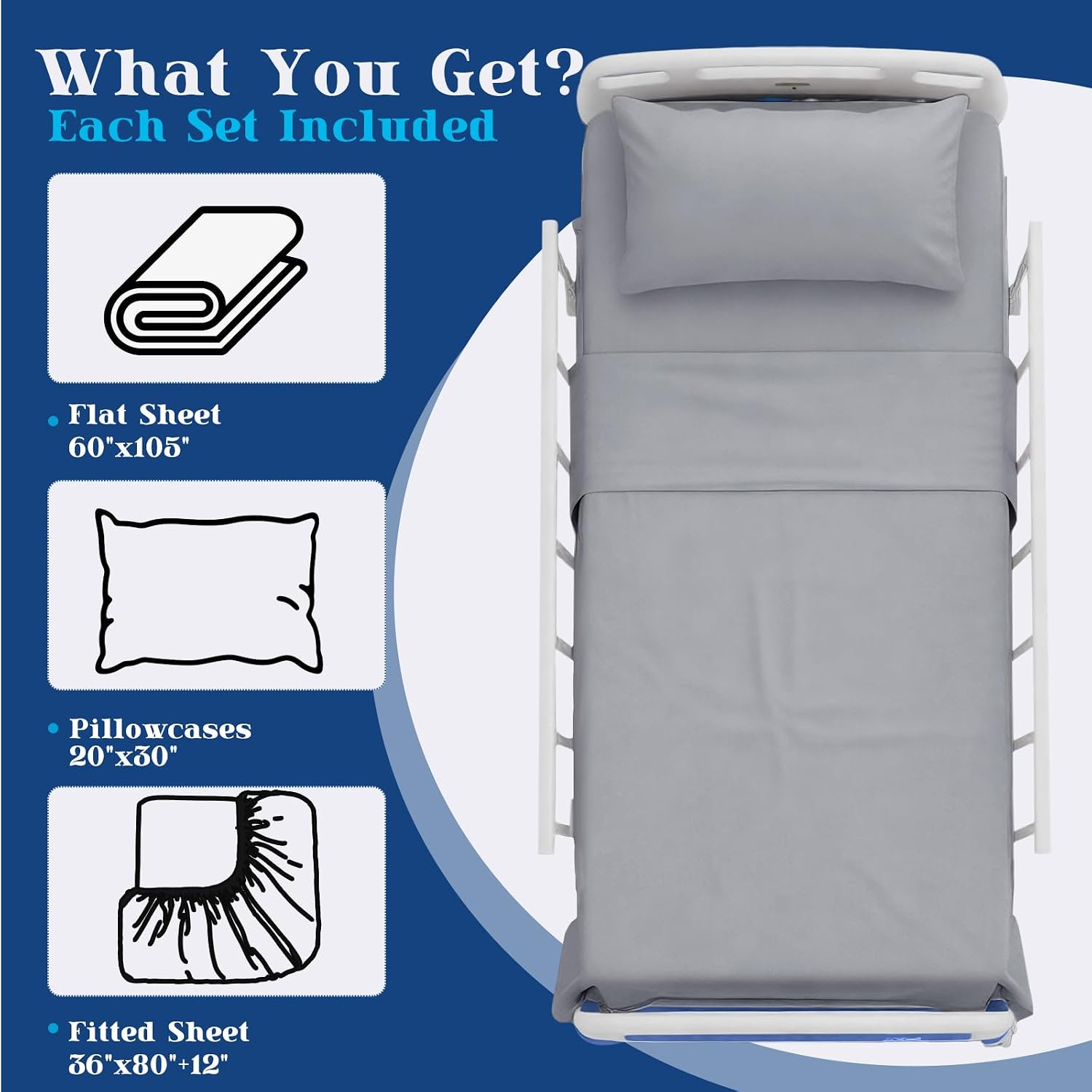P Pothuiny 6 Piece Hospital Bed Sheet Set, White Brushed Microfiber | Soft Bed Sheets for Home/ Nursing/ Hospital Care Bed , 2 Deep Pocket Fitted Sheet 36"x80"+12", 2 Flat Sheet, 2 Pillowcases
