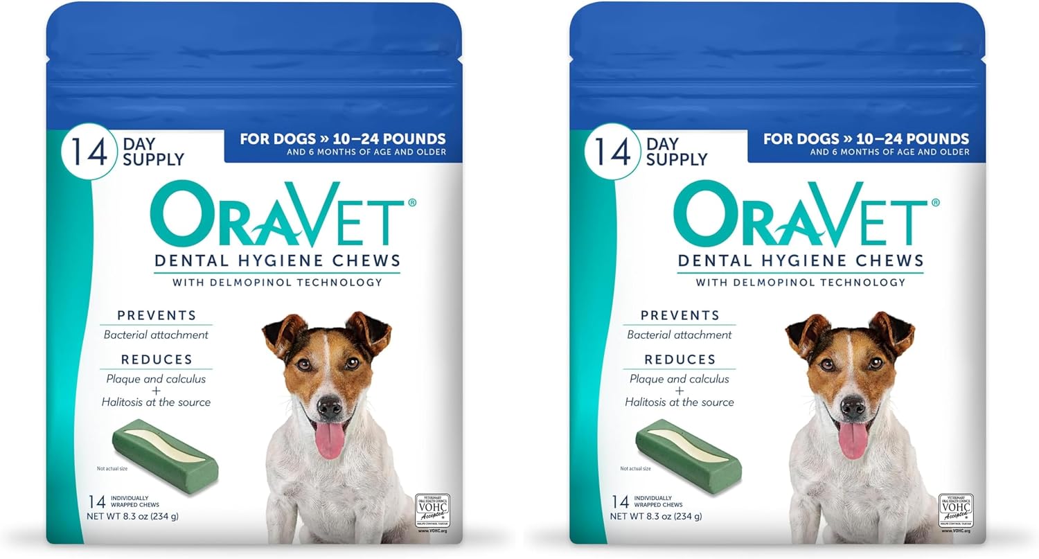 ORAVET Dental Chews for Dogs, Oral Care and Hygiene Chews (Small Dogs, 10-24 lbs.) Blue Pouch, 30 Count | VOHC-accepted dual-action chew reduces plaque & tartar, freshens breath barrier vet-recommended