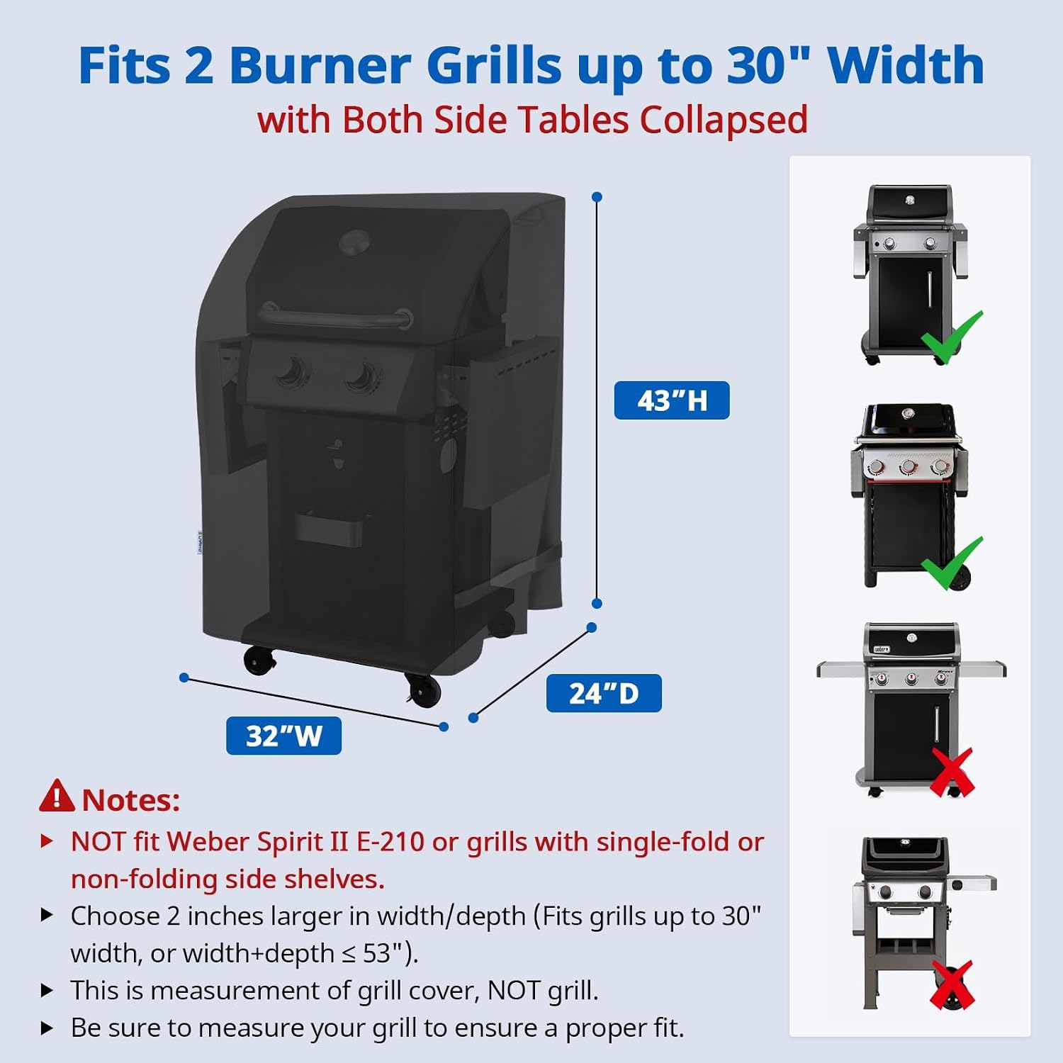 2 Burner Gas Grill Cover 32 inch, Heavy Duty Waterproof Small BBQ Grilling Cover, Compatible for Weber Char-Broil Nexgrill and More Grills with Collapsed Side Tables, All Weather Protection