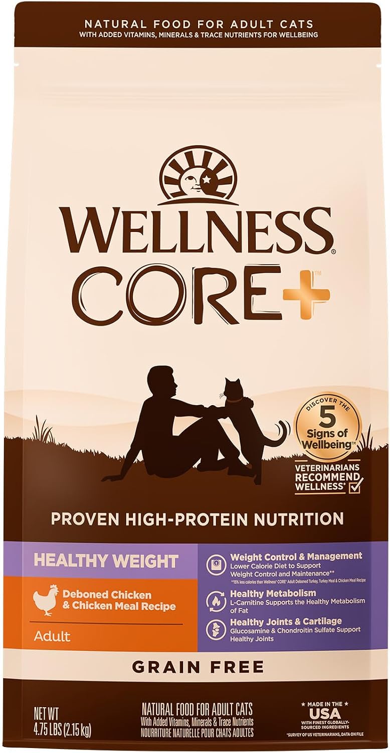 Wellness CORE+ Adult Dry Cat Food, Natural, Wholesome Grains Kibble, Digestive Health Chicken and Rice Recipe, 5 lb Bag