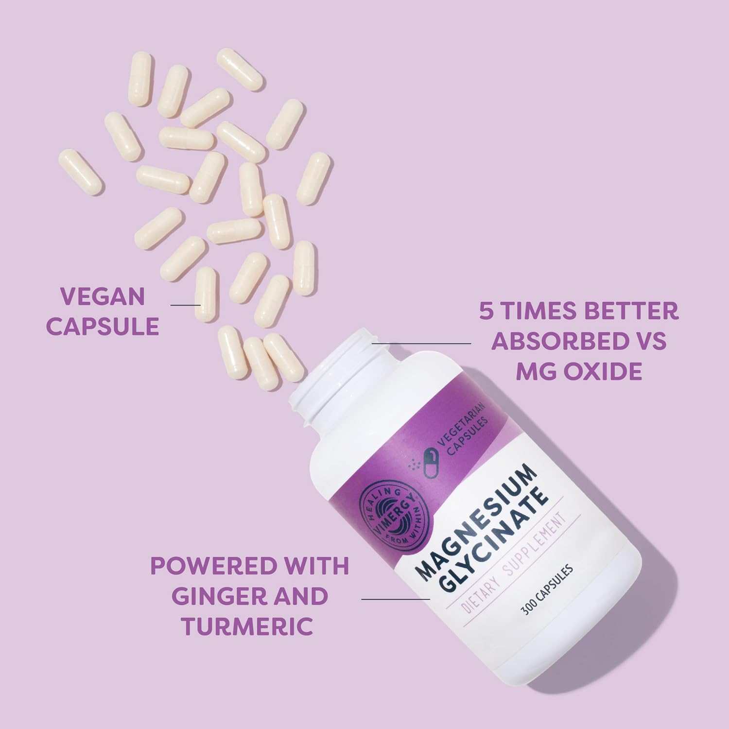 VIMERGY Magnesium Glycinate Supplement, Vegan, 180 Capsules, 90 Servings