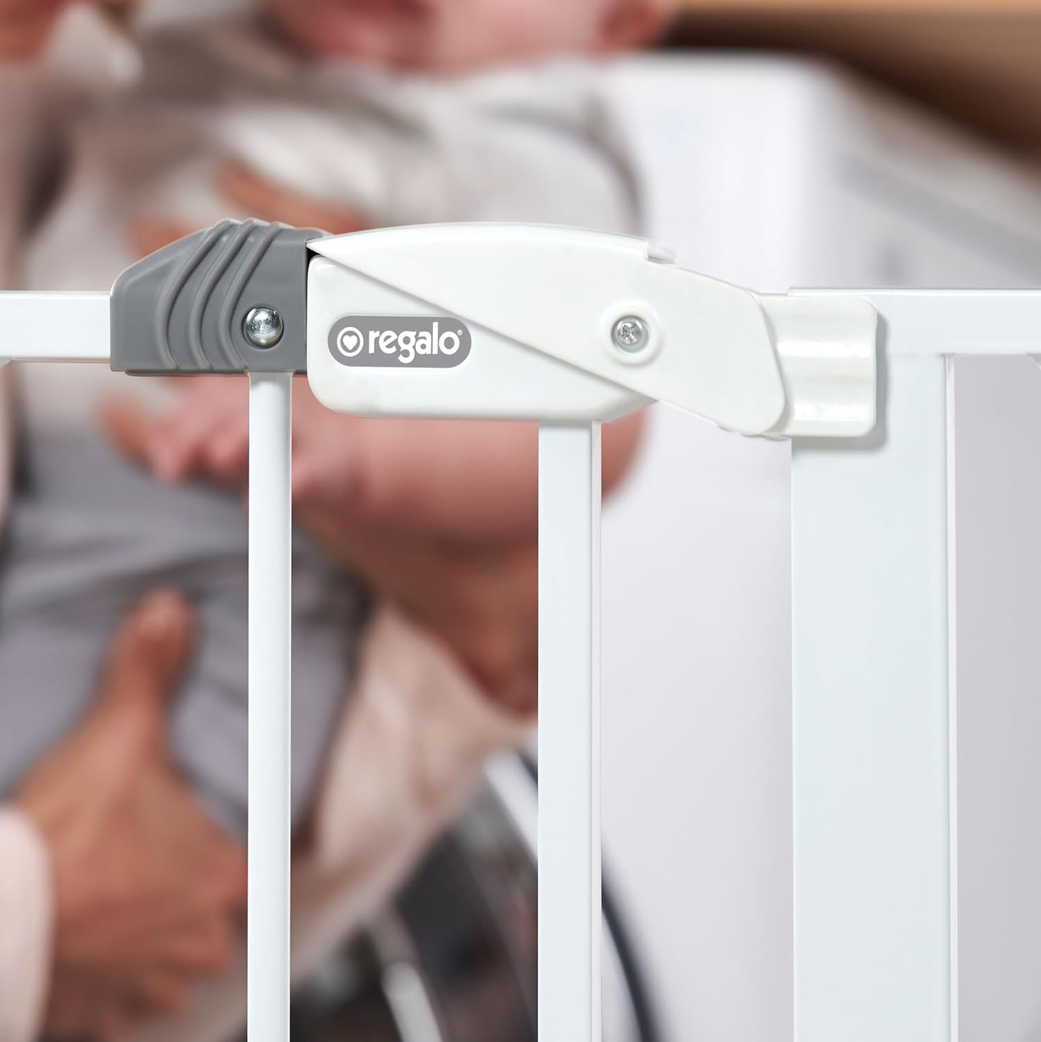 Regalo Safety 29"-49" Extra Wide Baby Gate, Bottom of Stairs & Doorways | Pressure Mounted with Door, For Babies, Toddlers & Pets, White, Tested & Trusted for 30 Years