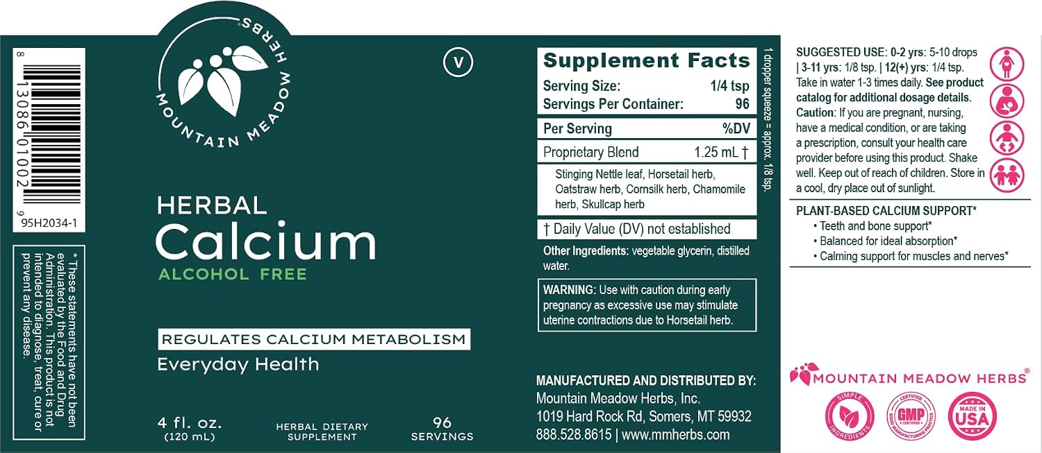 Mountain Meadow Herbs Herbal Calcium – Vegan Liquid Calcium Supplement for Bone & Teeth Support, High Absorption Plant-Based Formula for Adults & Kids - 2 oz