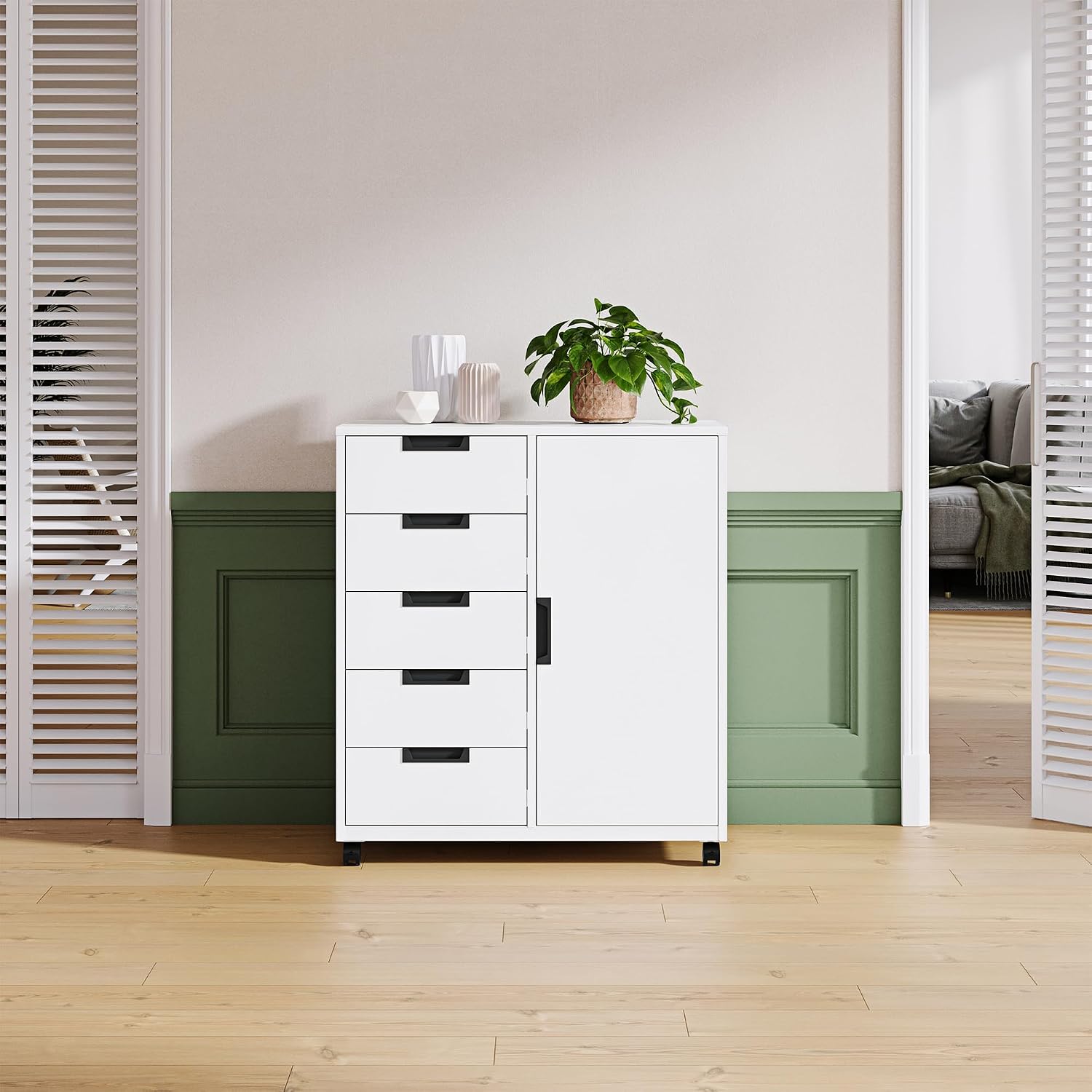 5 Drawer Storage Cabinet, Mobile Printer Stand for Home Office,Dresser Chest with Shelves and Door(White)
