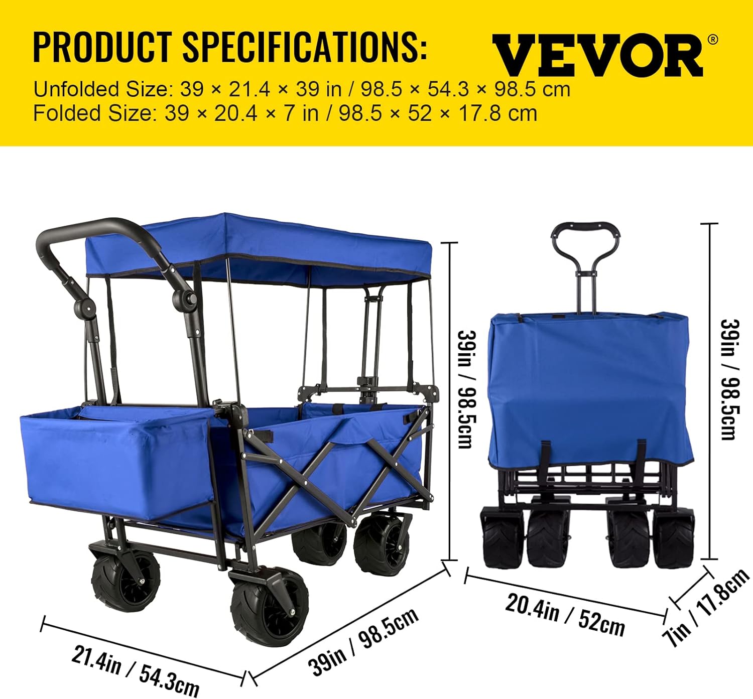 Happbuy Collapsible Wagon with Removable Canopy, 220lbs Heavy Duty Foldable Beach Wagon with Big Wheels