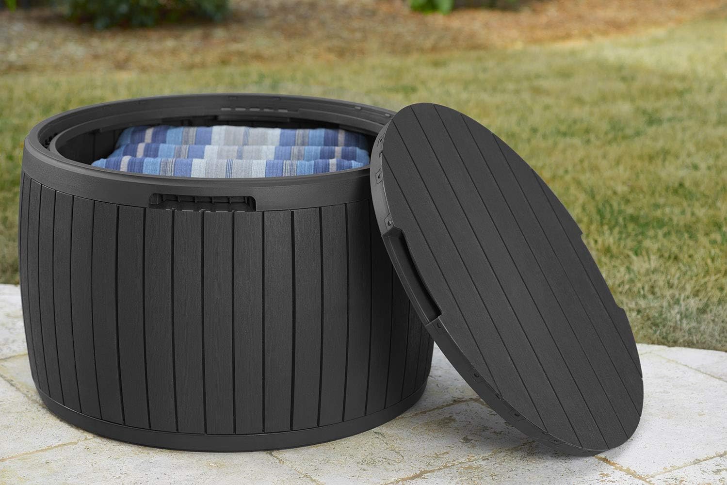 Keter Circa Outdoor Storage Deck Box, 37 Gallon, Brown | Doubles as Ottoman Chair or Side Table, Resin Seating for Garden, Pool & Patio