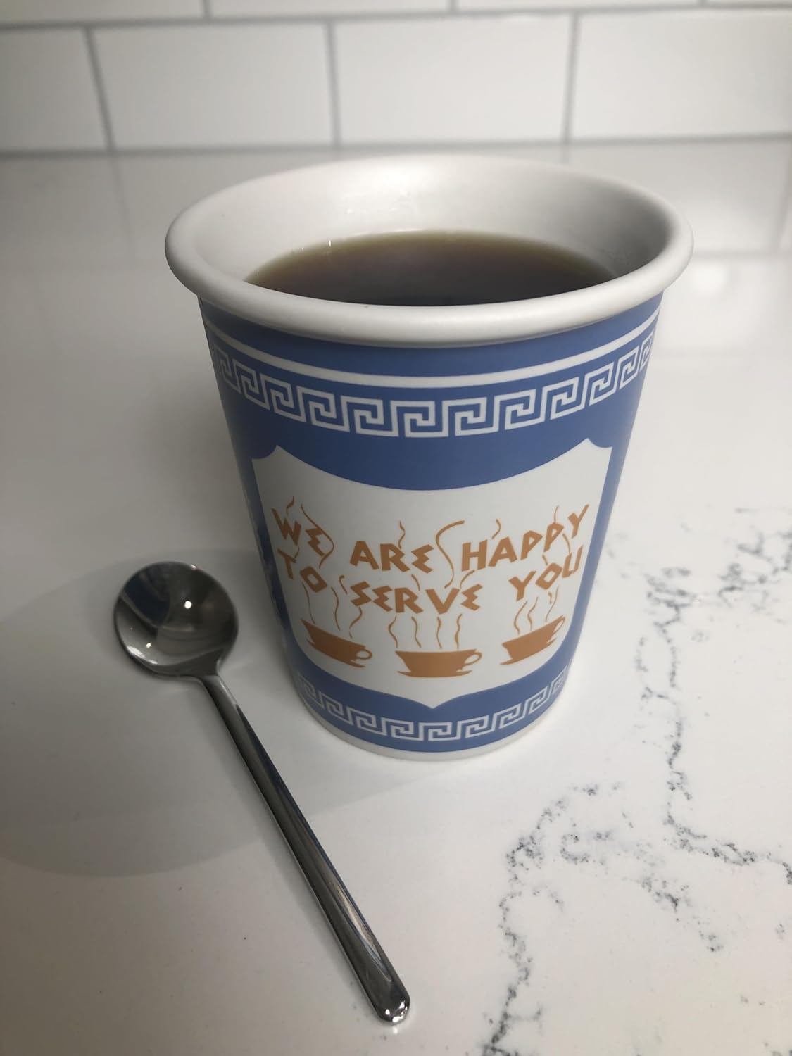 ExceptionLab 10 oz Ceramic New York City Greek Coffee Cup "We are Happy to Serve You"