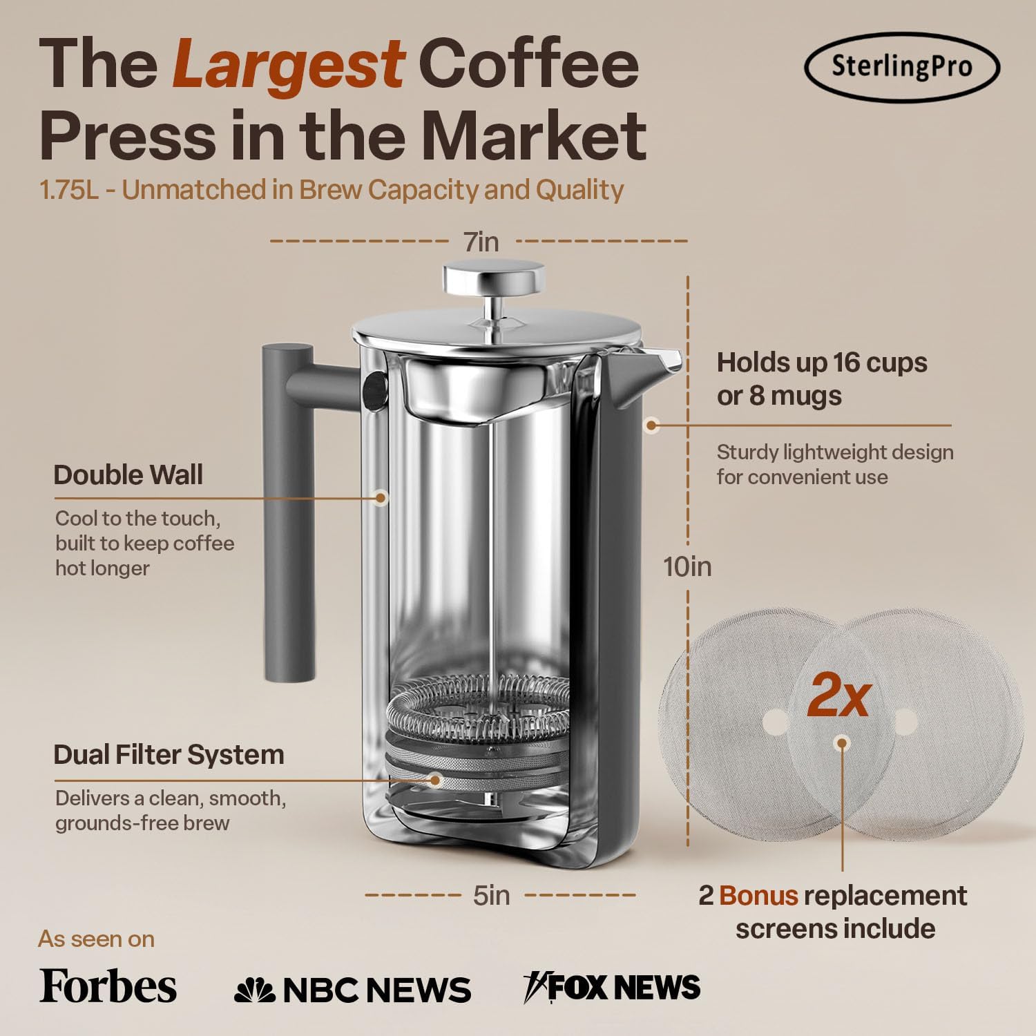 SterlingPro Large Insulated Stainless Steel French Press Coffee Maker 51oz Capacity (44 oz Brew Yield) – Double Wall Metal Coffee Press | Plastic Free | Cool-Touch | Mirror Finish | 12 Cups / 6 Mugs