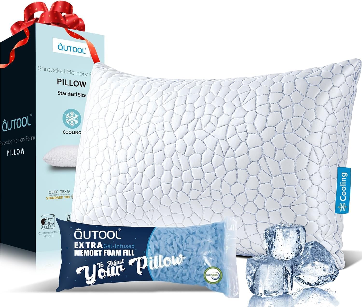 QUTOOL Cooling Pillow for Sleeping, CertiPUR-US Shredded Memory Foam Queen Pillows Set of 2, Cool Pillow for Hot Sleepers Adjustable Firm Pillow for Side, Back, Stomach Sleepers Soft Yet Support,White