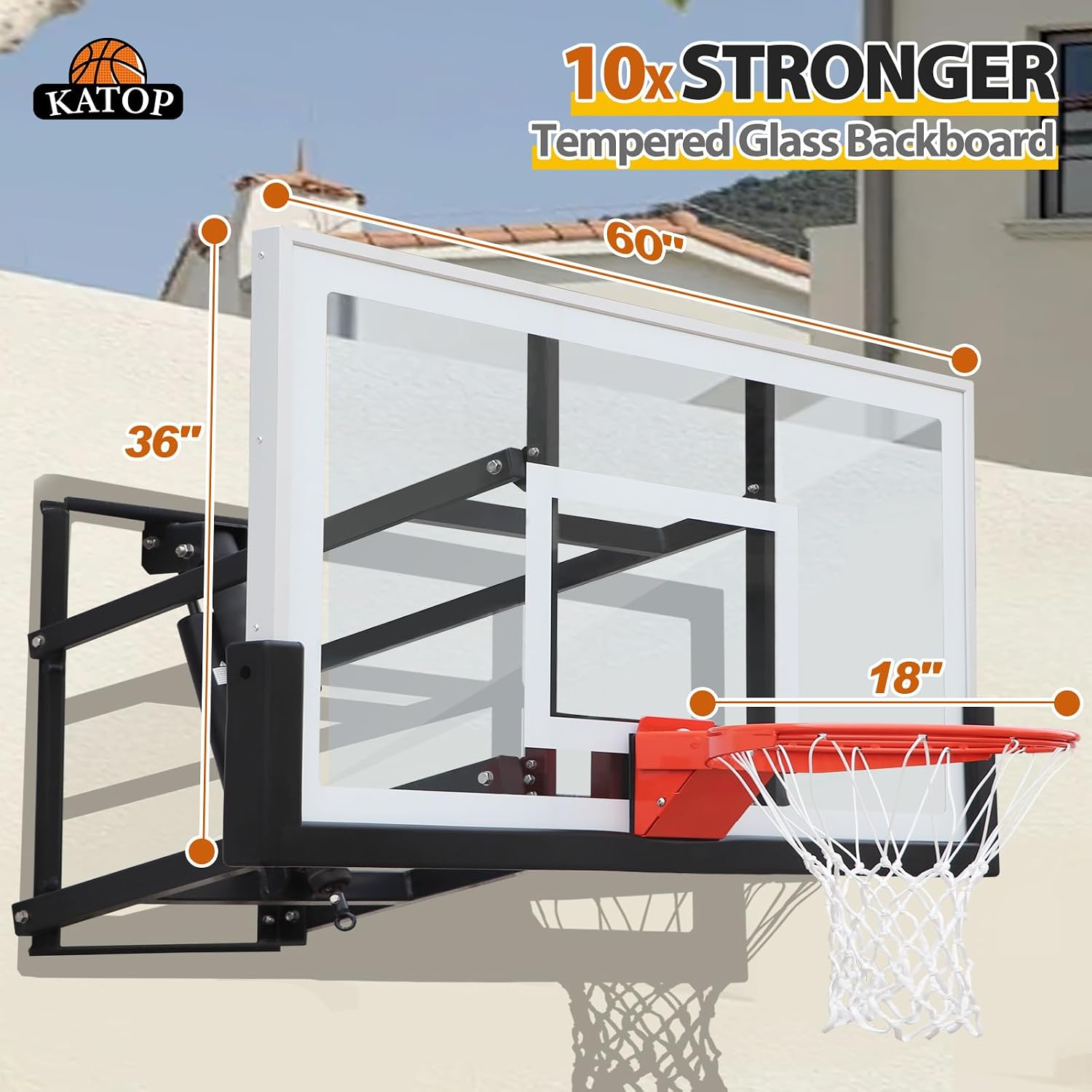 Katop Wall Mount Basketball Hoop with 60"x36", 72"x42" Tempered Glass Backboard, Effortlessly Height Adjustable from 7.5' to 10'