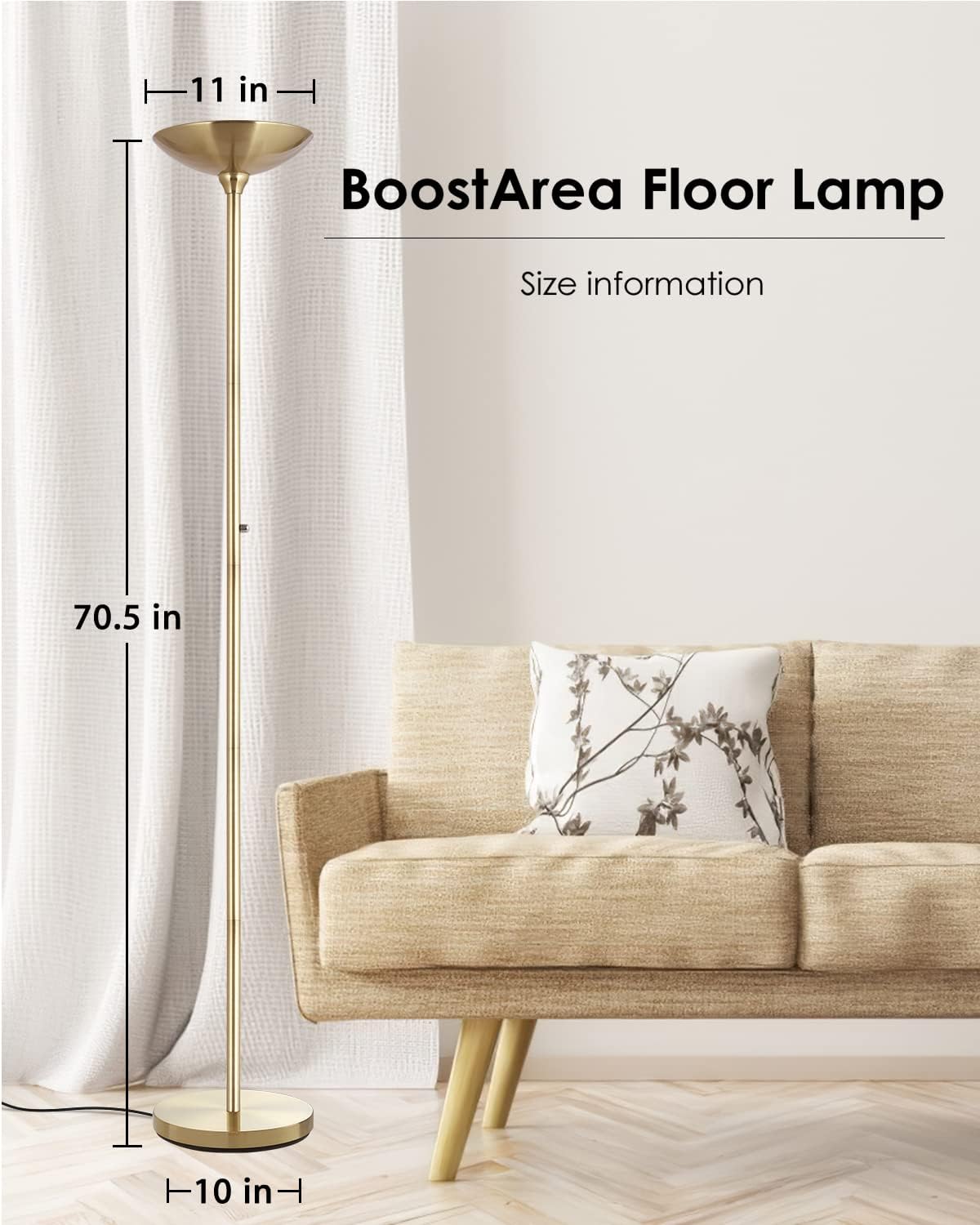 BoostArea Torchiere Floor Lamp, 30W Super Bright LED Standing Lamp, Stepless Dimmable Pole Lamp with 3000K Lighting, Rotary Switch