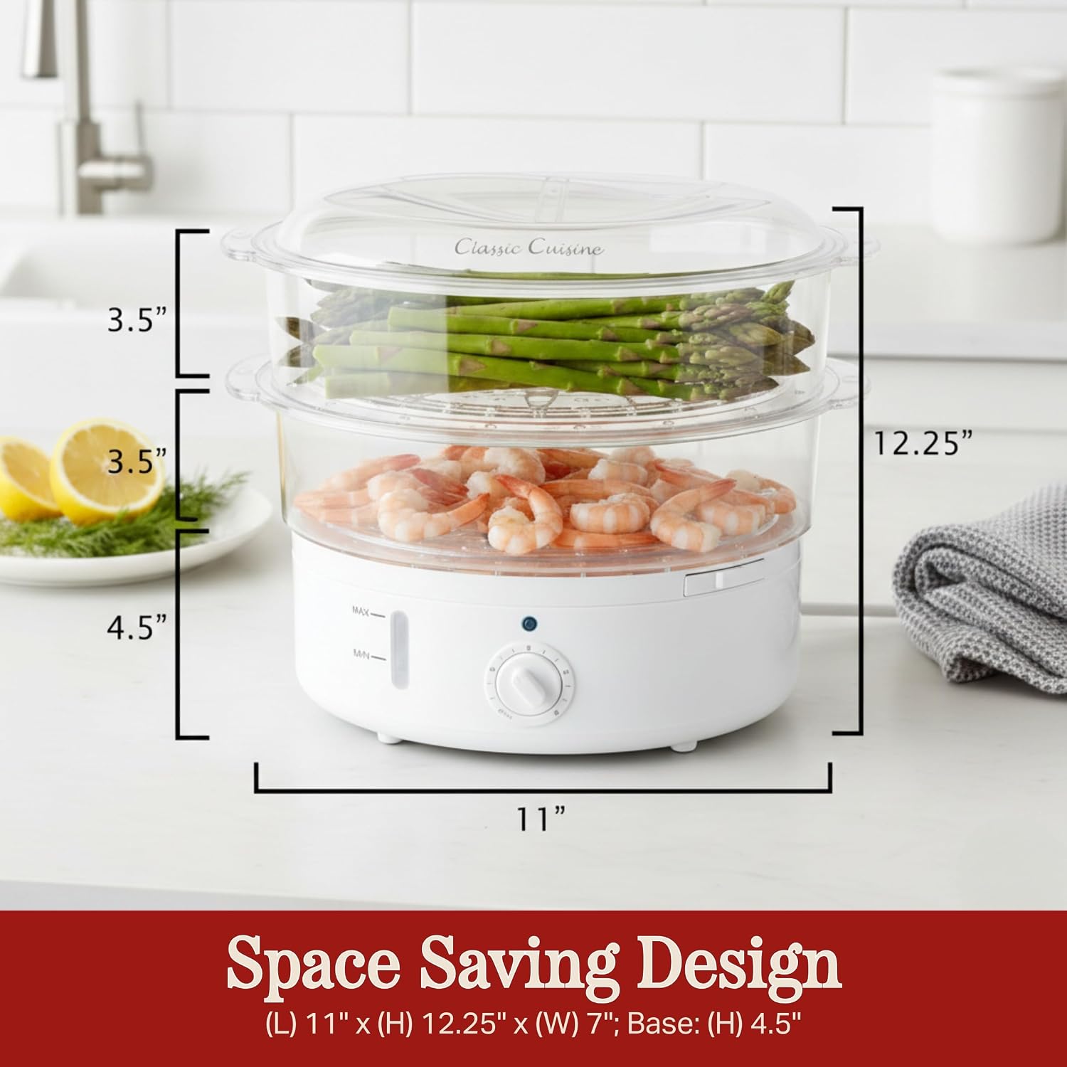 Classic Cuisine 2-Tier Vegetable Steamer and Rice Cooker, 120V 60Hz 800W | 6.3 Quart Electric Steamer for Cooking Healthy Fish, Eggs, Vegetables, Rice