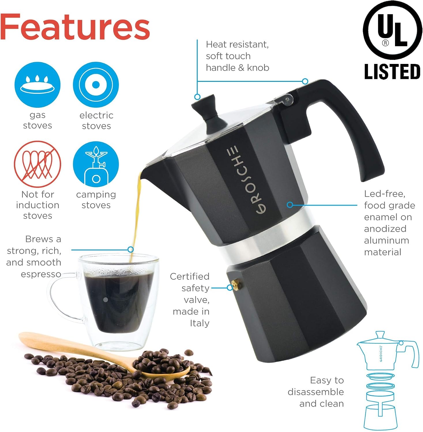 GROSCHE Milano Moka Pot | 9 Espresso Cup - 15.2 oz | Stovetop Espresso Percolator & Coffee Maker – Portable, Ideal for Home and Camping | Cuban Coffee Maker And Italian Moka Pot For Stovetop Espresso; For Gas, Electric, And Propane Stoves With A Soft-Tou…