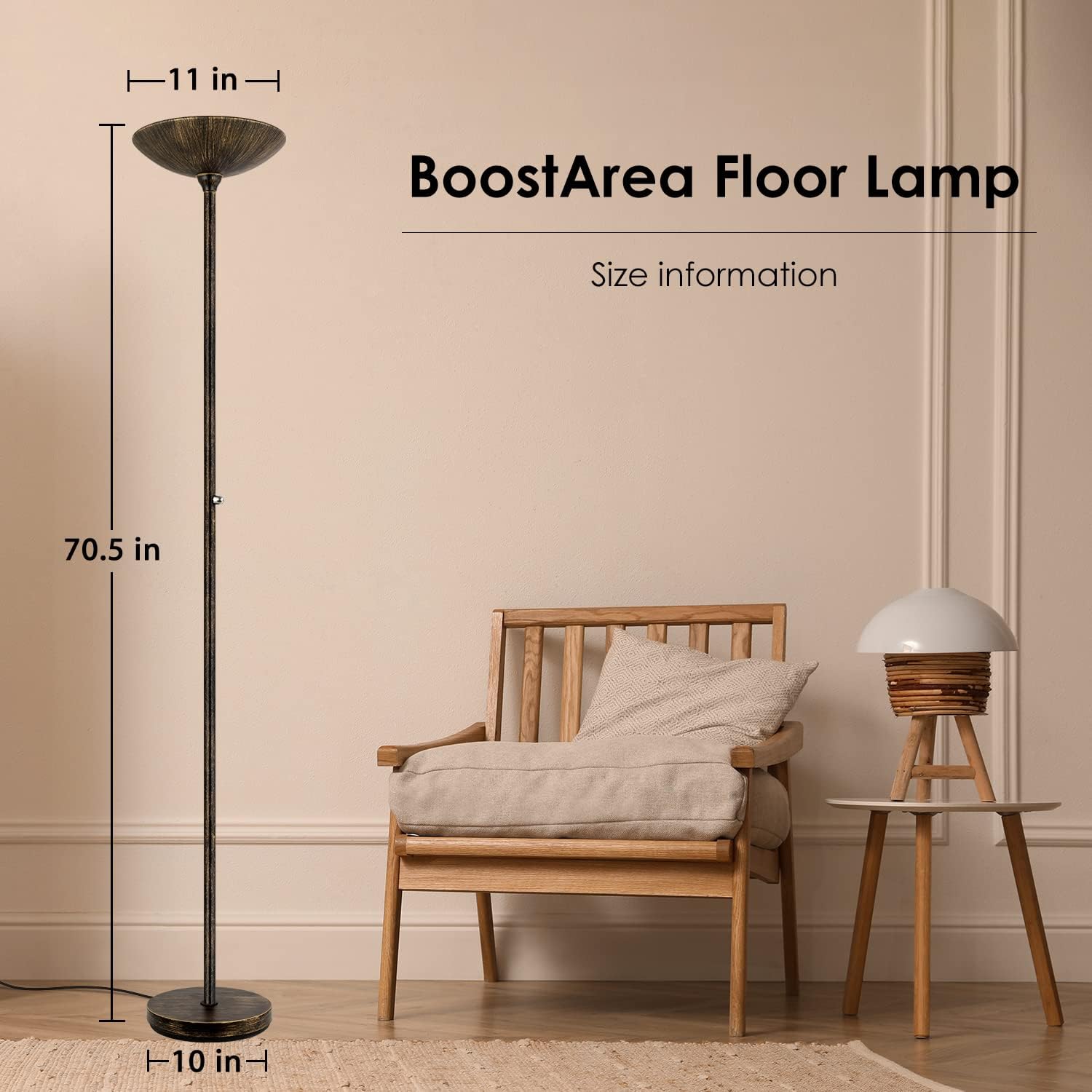 BoostArea Torchiere Floor Lamp, 30W Super Bright LED Standing Lamp, Stepless Dimmable Pole Lamp with 3000K Lighting, Rotary Switch