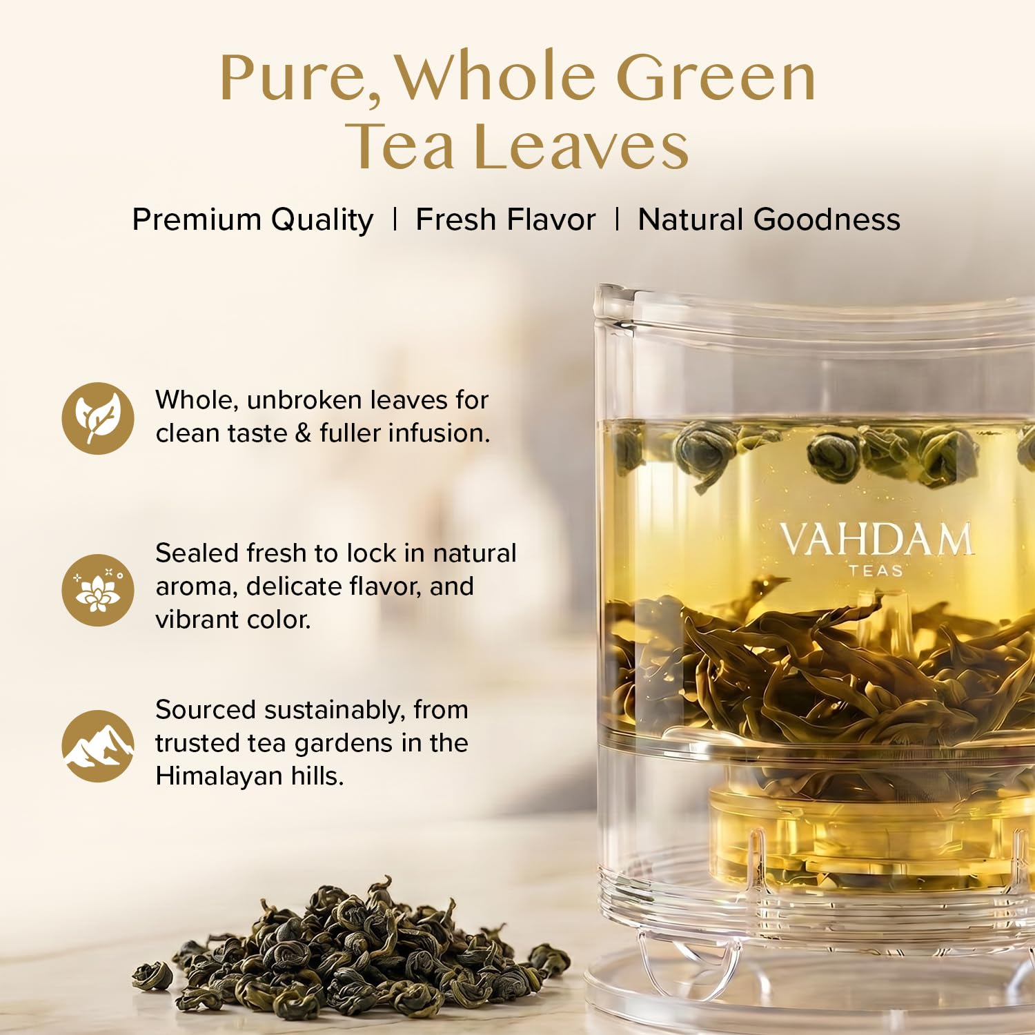 VAHDAM, Himalayan Green Tea Leaves (50+ Cups, 3.53 Oz) Non GMO, Gluten Free | High Elevation Grown Green Tea Leaves From Himalayas | Pure Unblended Single Origin Green Loose Leaf Tea | Vacuum Sealed