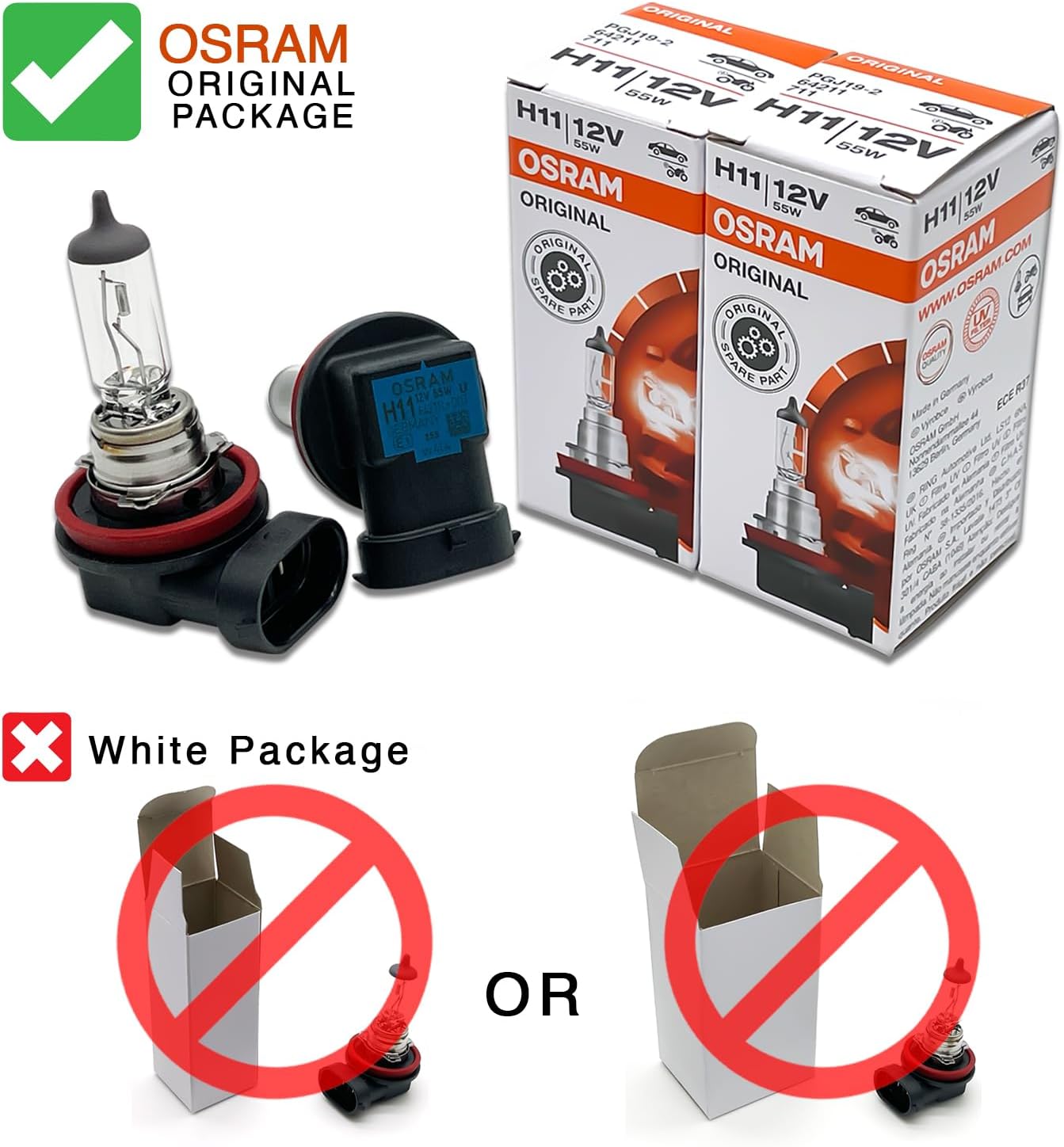 OSRAM H11 OEM Original Standard Halogen Headlight Bulbs 12V 55W 64211L+ (Long Life) Made in Germany | Pack of 2 | Long Life, 3200K, 12V, 55W